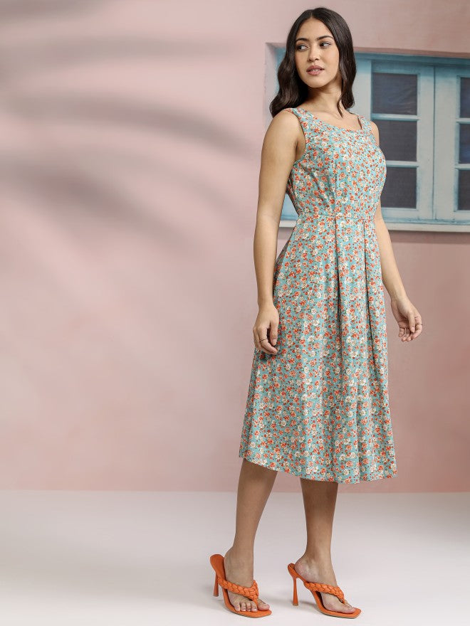 Tokyo Talkies Women Blue Printed Fit and Flare Dress - Blue - Image 4