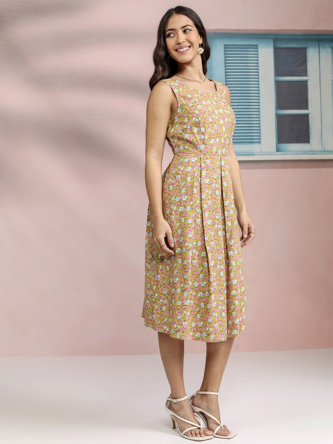 Tokyo Talkies Women Mustard Printed Fit And Flare Dress - Mustard - Image 4