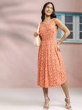 Tokyo Talkies Women Orange Printed Fit And Flare Dress - Orange - Image 1
