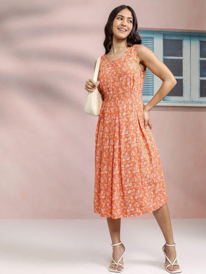 Tokyo Talkies Women Orange Printed Fit And Flare Dress - Orange - Image 1