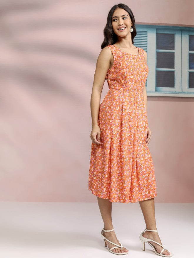 Tokyo Talkies Women Orange Printed Fit And Flare Dress - Orange - Image 4
