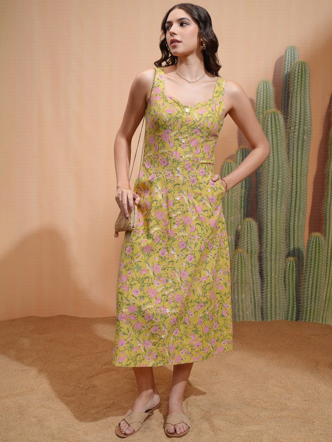 Tokyo Talkies Women Yellow Printed A-Line Dress - Yellow - Image 1