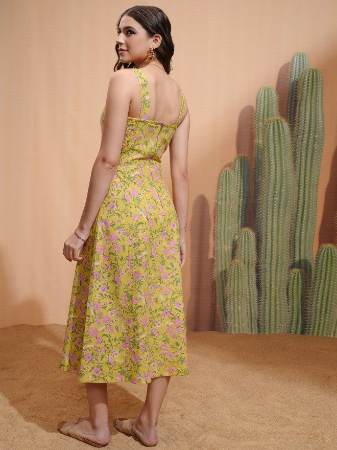 Tokyo Talkies Women Yellow Printed A-Line Dress - Yellow - Image 3