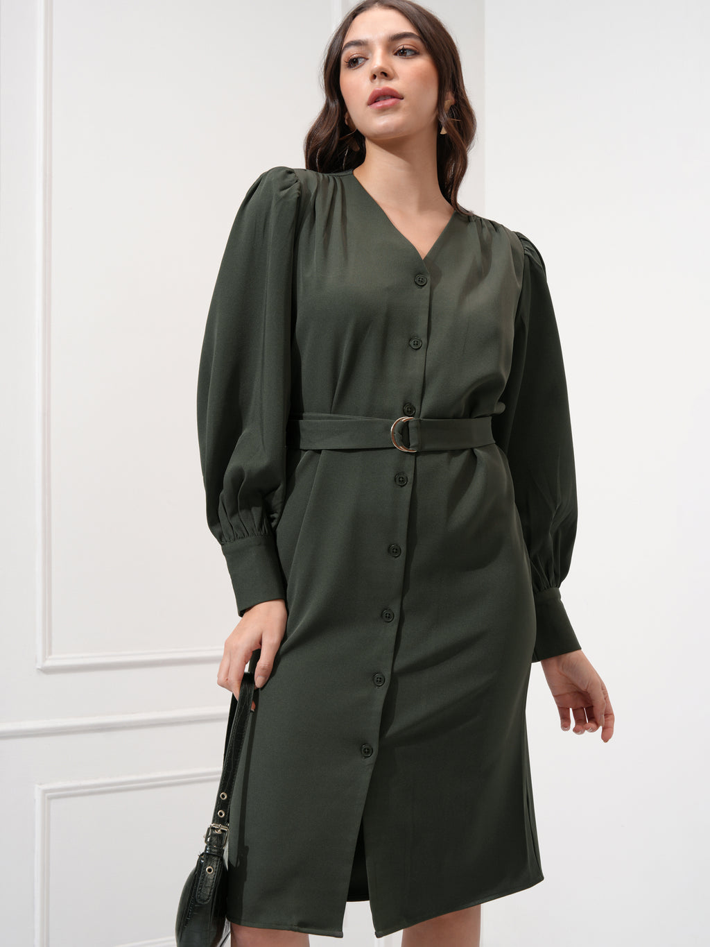 Tokyo Talkies Women Olive Solid Shift Dress - Olive - Image 1