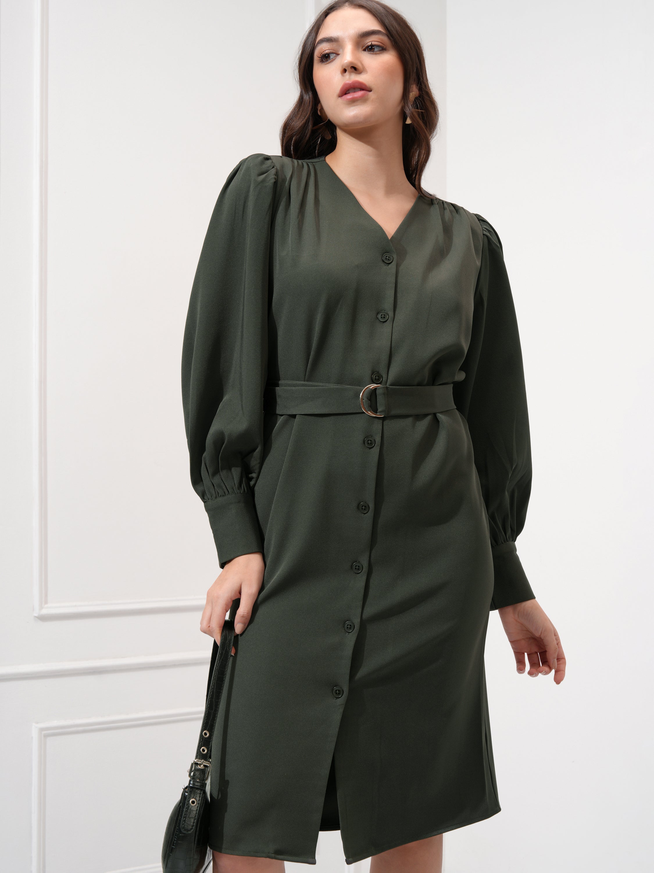 Tokyo Talkies Women Olive Solid Shift Dress - Olive - Image 1