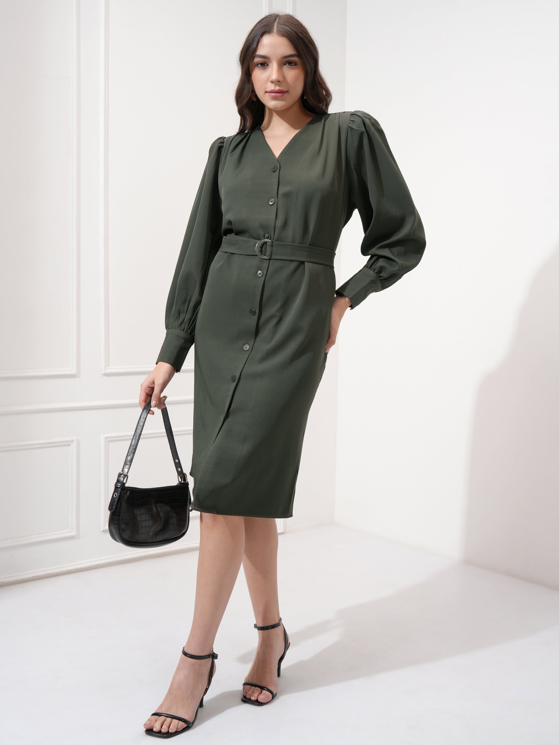 Tokyo Talkies Women Olive Solid Shift Dress - Olive - Image 2