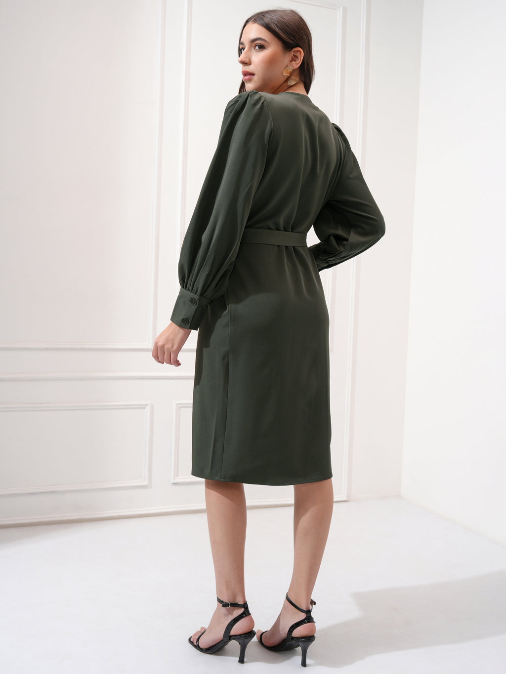 Tokyo Talkies Women Olive Solid Shift Dress - Olive - Image 3