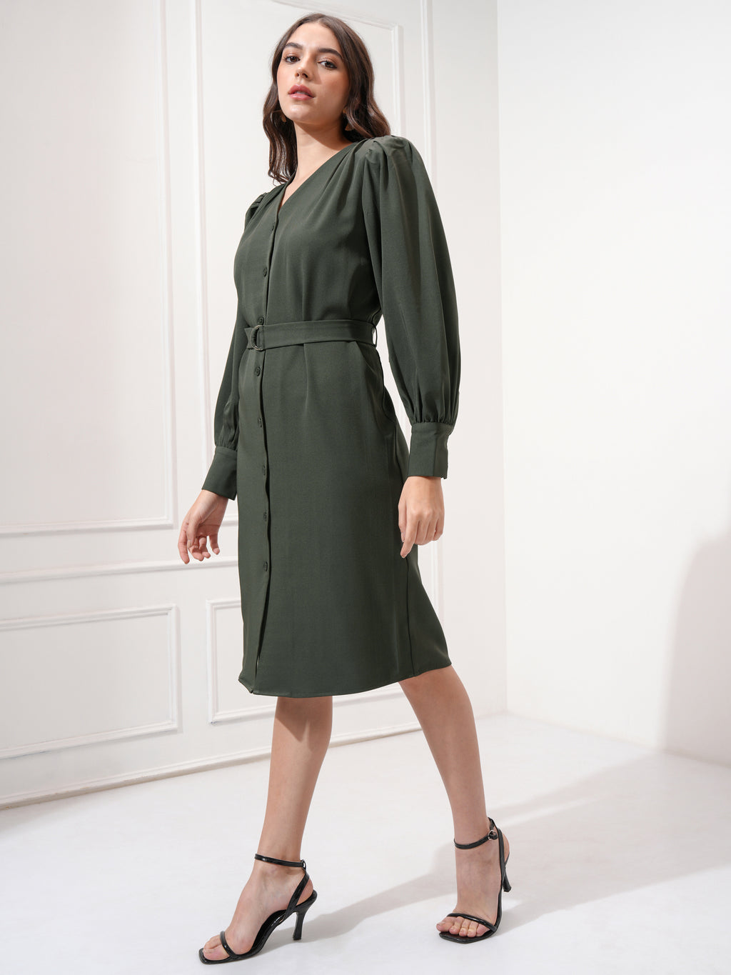 Tokyo Talkies Women Olive Solid Shift Dress - Olive - Image 4