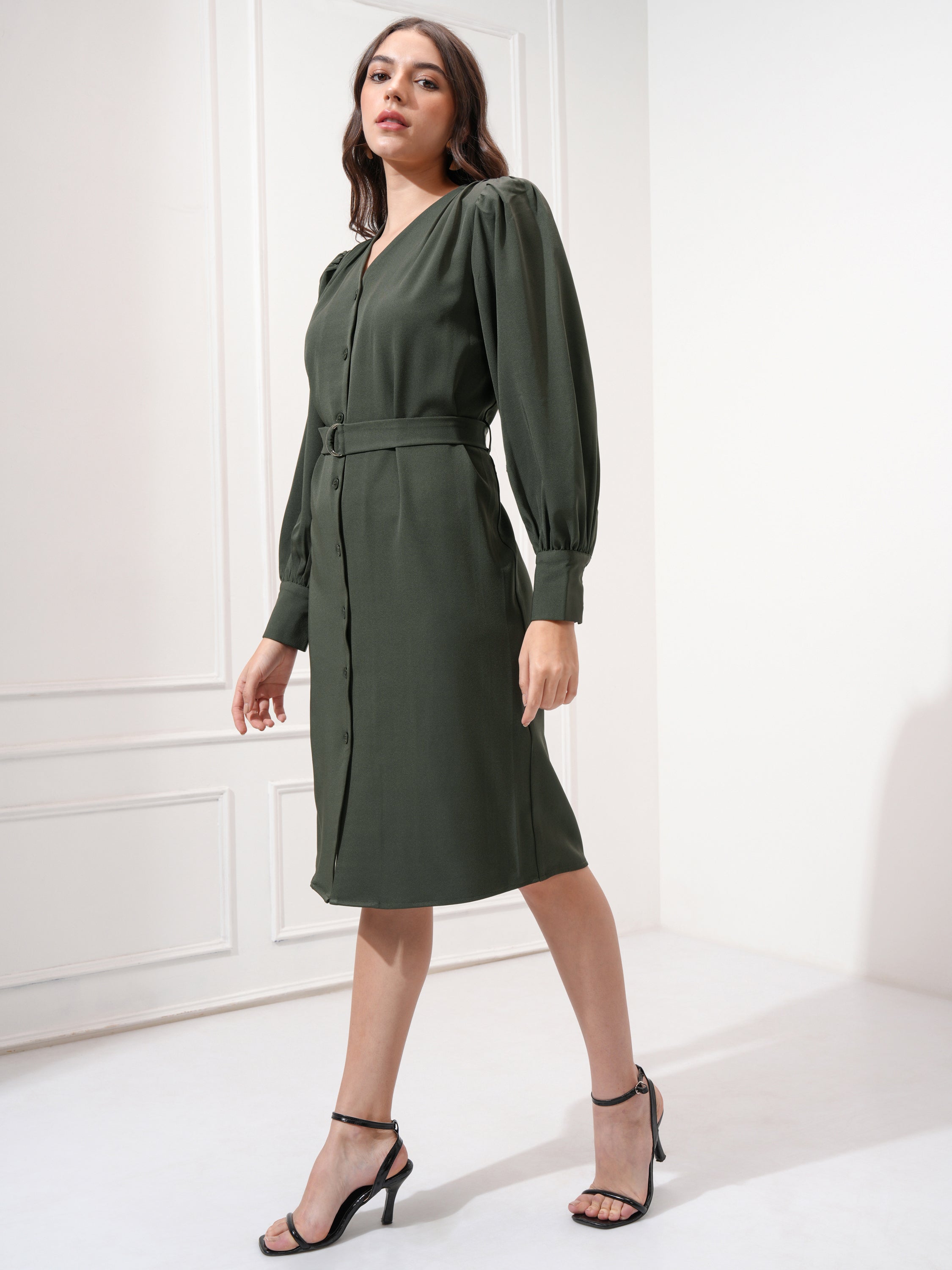 Tokyo Talkies Women Olive Solid Shift Dress - Olive - Image 4
