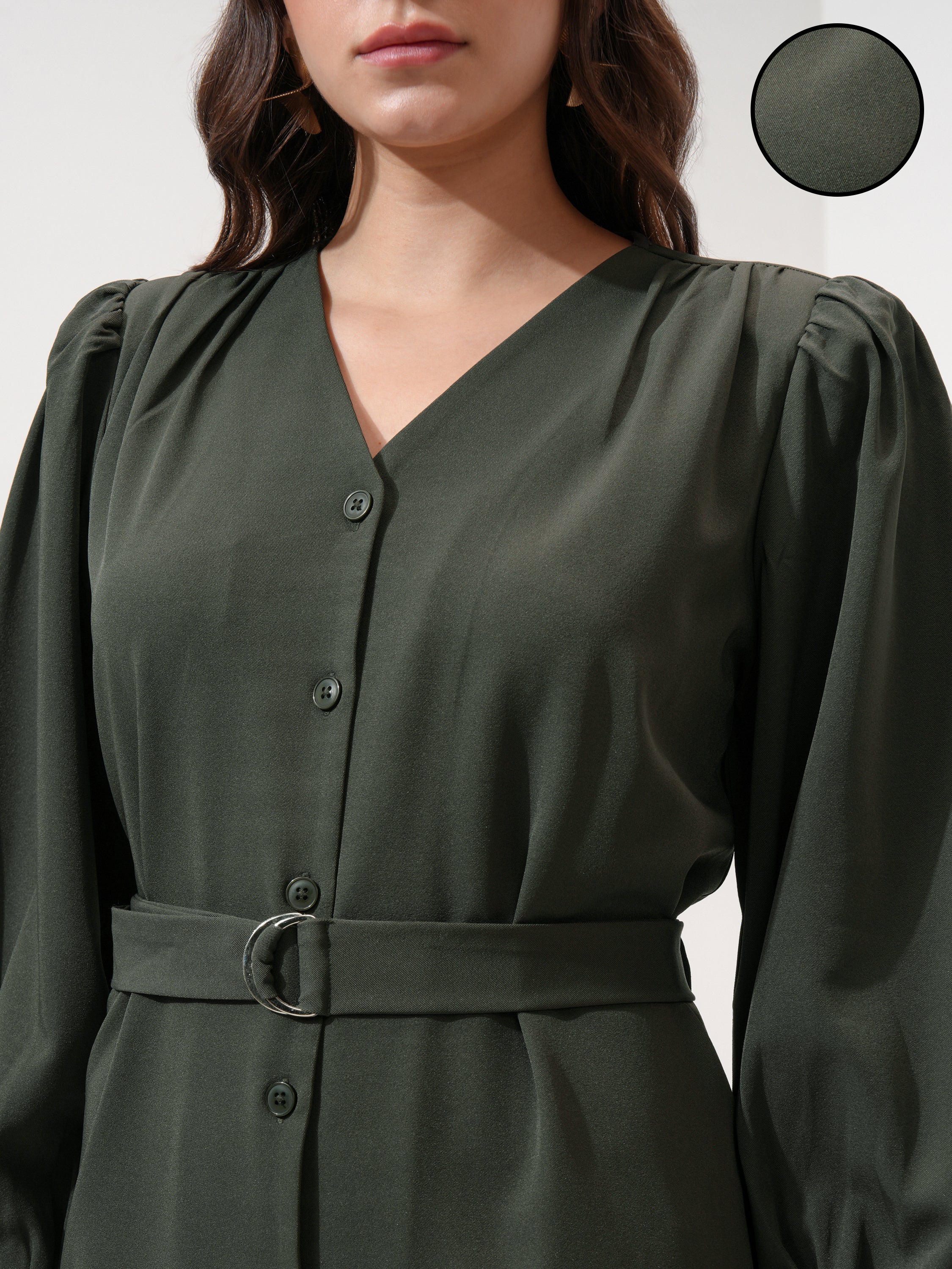 Tokyo Talkies Women Olive Solid Shift Dress - Olive - Image 5