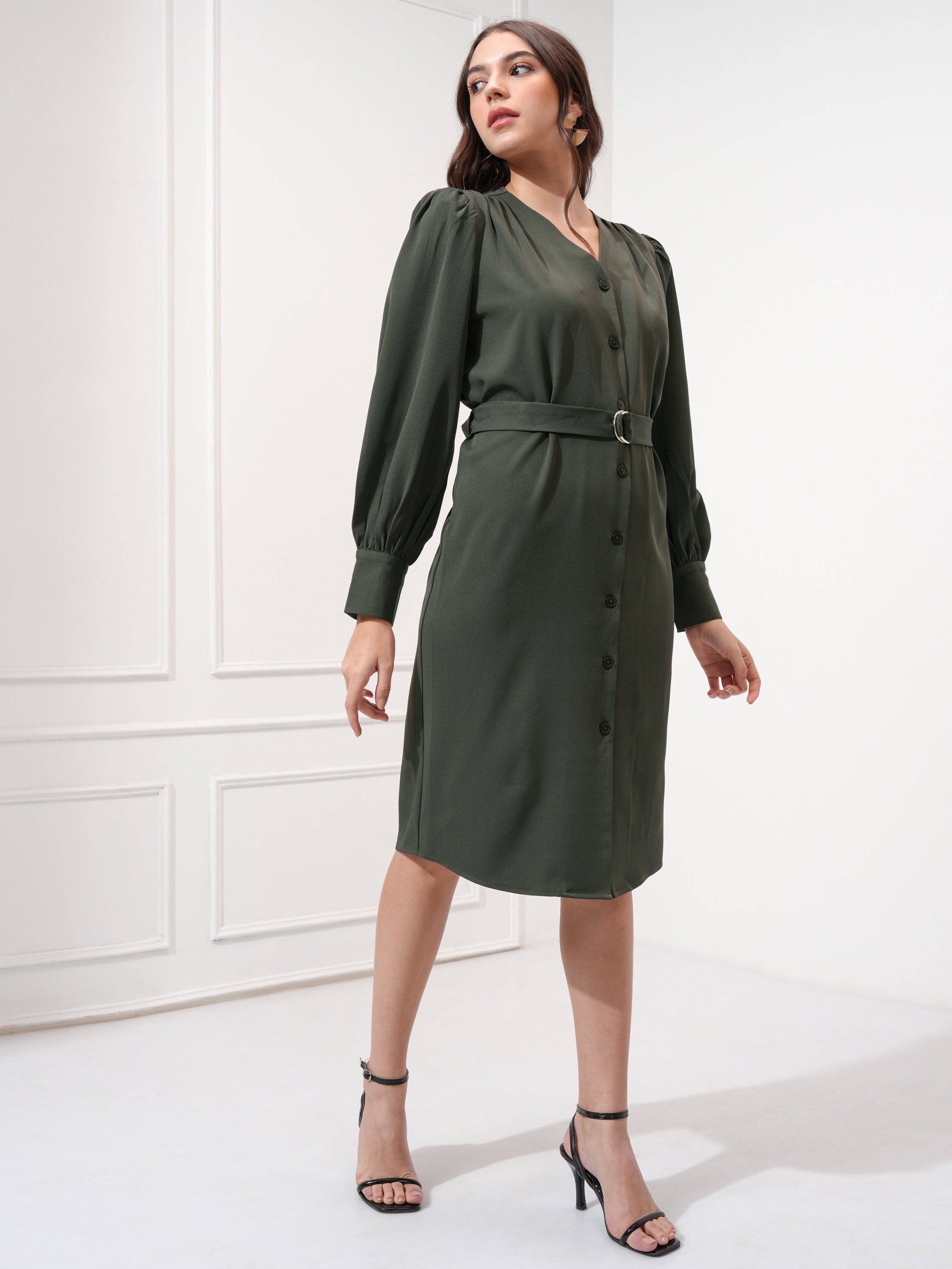 Tokyo Talkies Women Olive Solid Shift Dress - Olive - Image 6