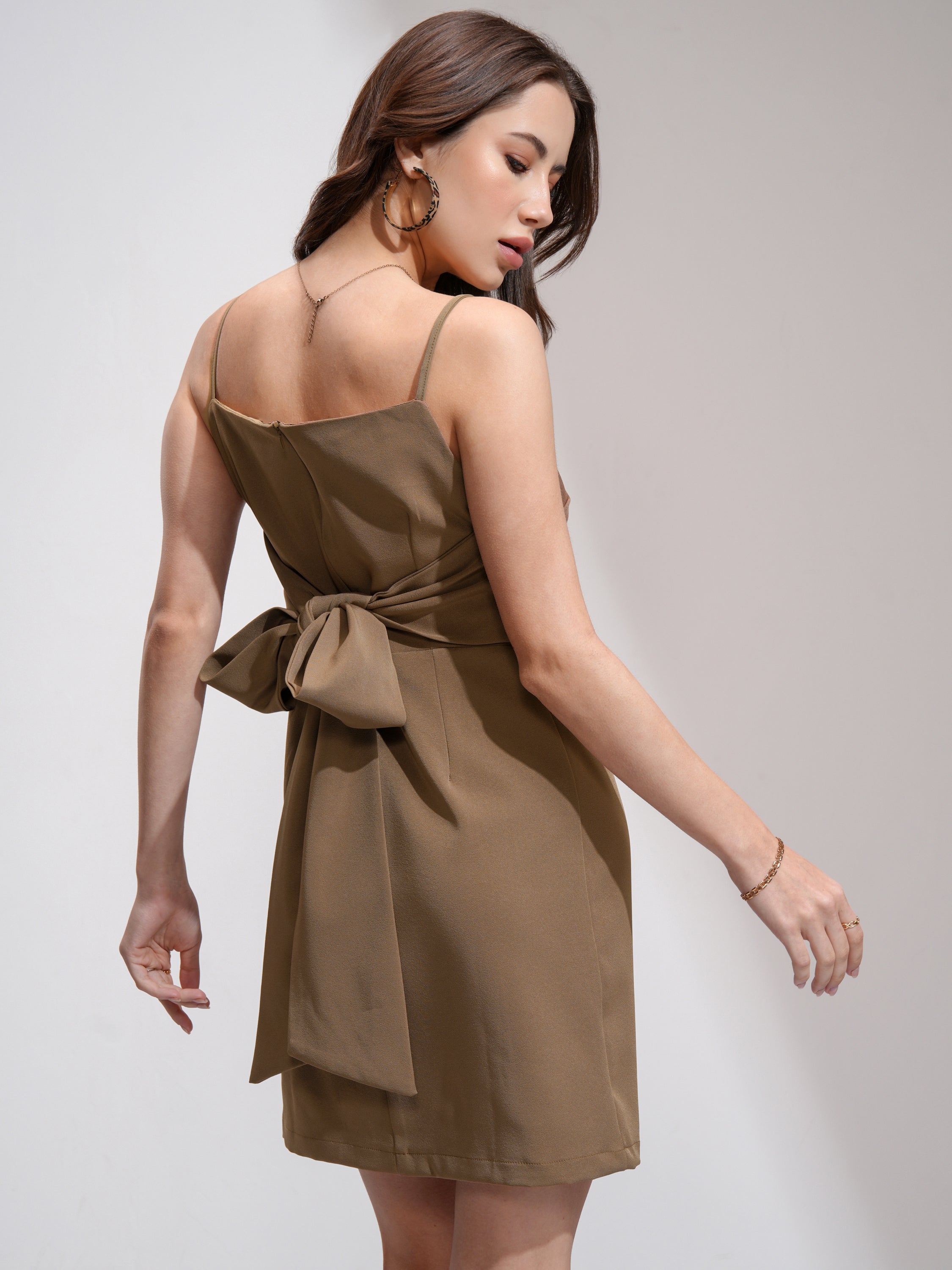 Tokyo Talkies Women Khaki Solid Fit And Flare Dress - Khaki - Image 3
