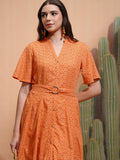 Tokyo Talkies Women Orange Self Design Fit and Flare Dress - Orange - Image 1