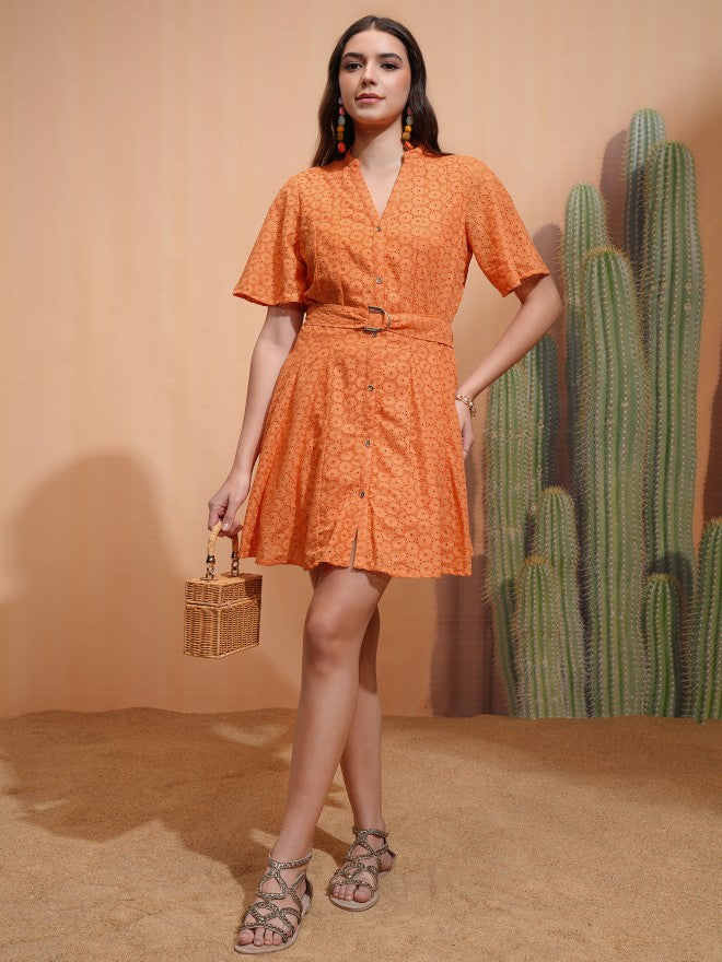 Tokyo Talkies Women Orange Self Design Fit and Flare Dress - Orange - Image 2