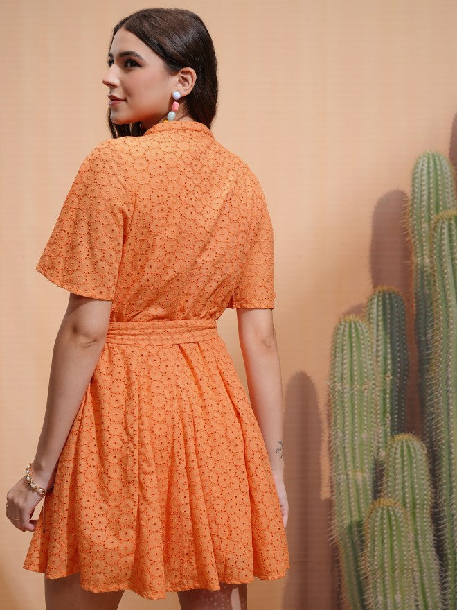 Tokyo Talkies Women Orange Self Design Fit and Flare Dress - Orange - Image 3