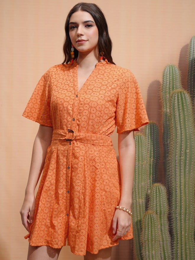 Tokyo Talkies Women Orange Self Design Fit and Flare Dress - Orange - Image 4