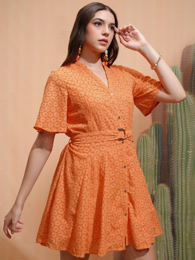 Tokyo Talkies Women Orange Self Design Fit and Flare Dress - Orange - Image 6