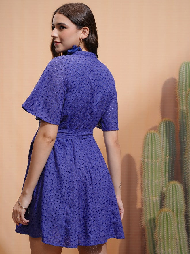 Tokyo Talkies Women Blue Self Design Fit and Flare Dress - Blue - Image 3