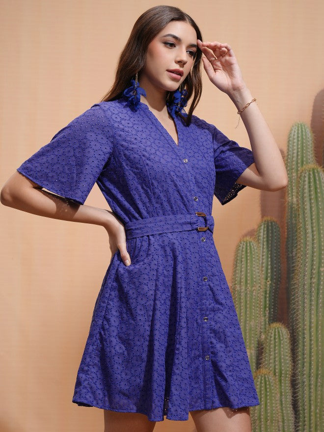 Tokyo Talkies Women Blue Self Design Fit and Flare Dress - Blue - Image 6