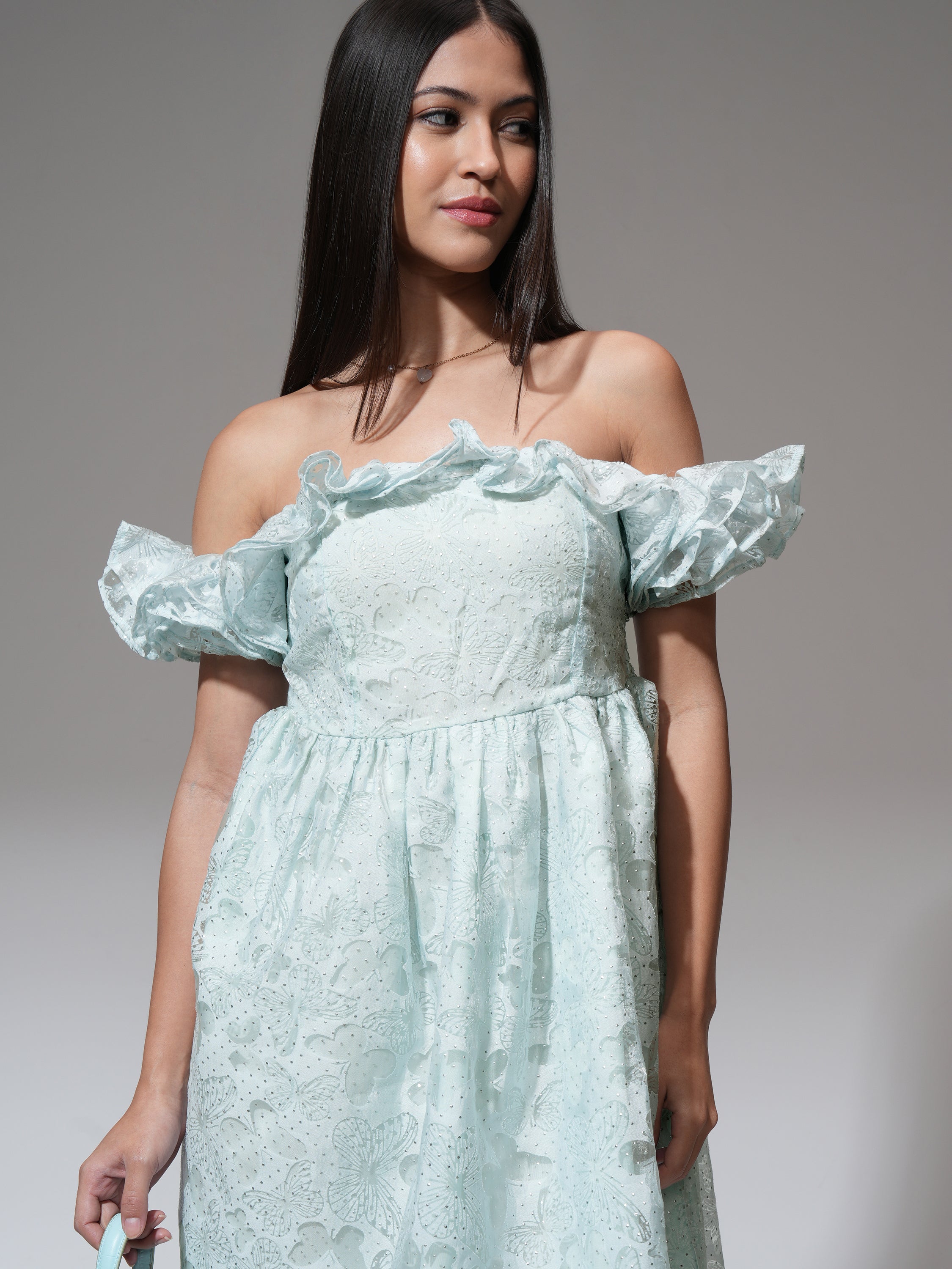 Tokyo Talkies Women Blue Printed Fit and Flare Dress - Blue - Image 1