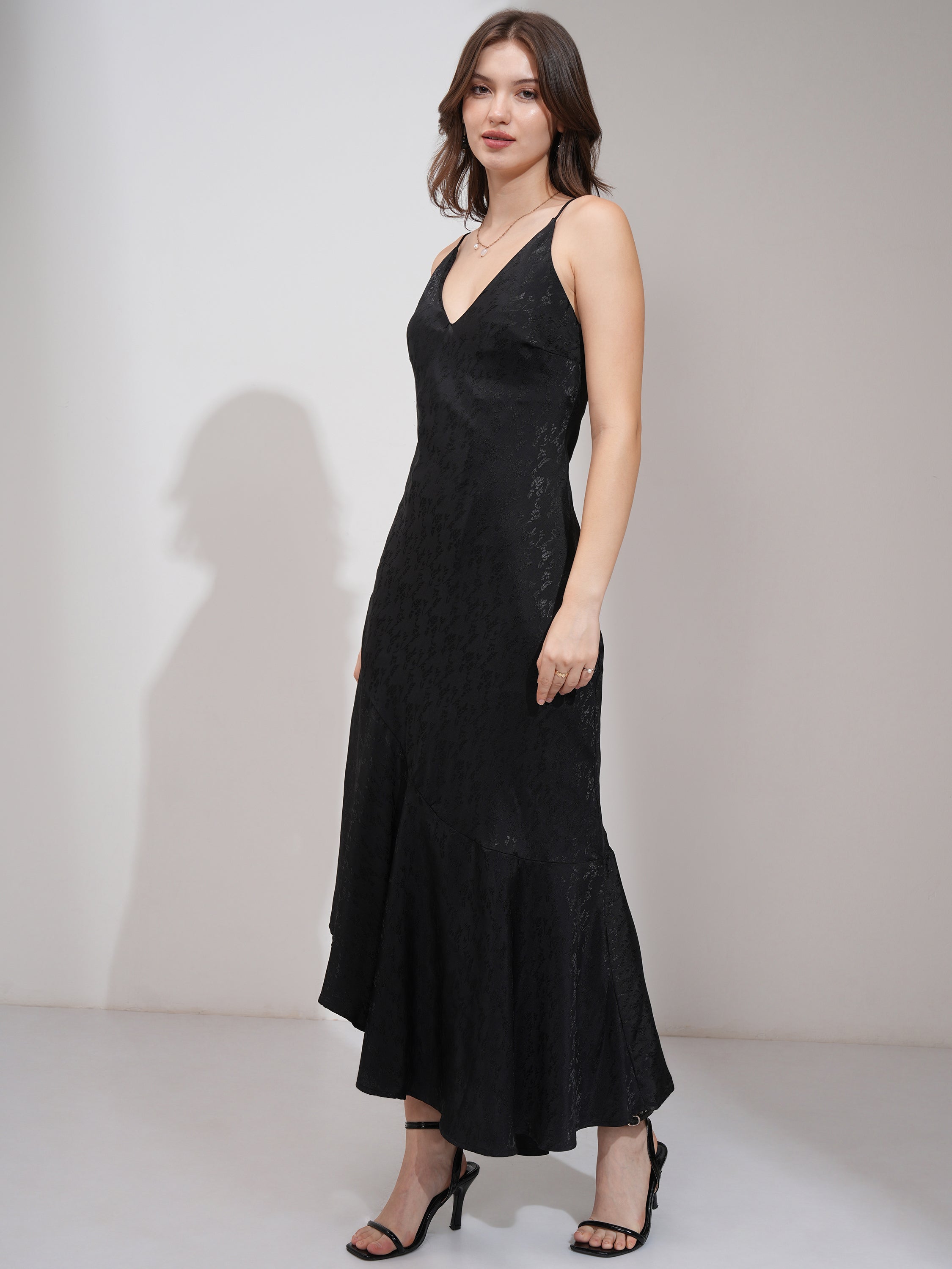 Tokyo Talkies Women Black Self Design Maxi Dress - Black - Image 4