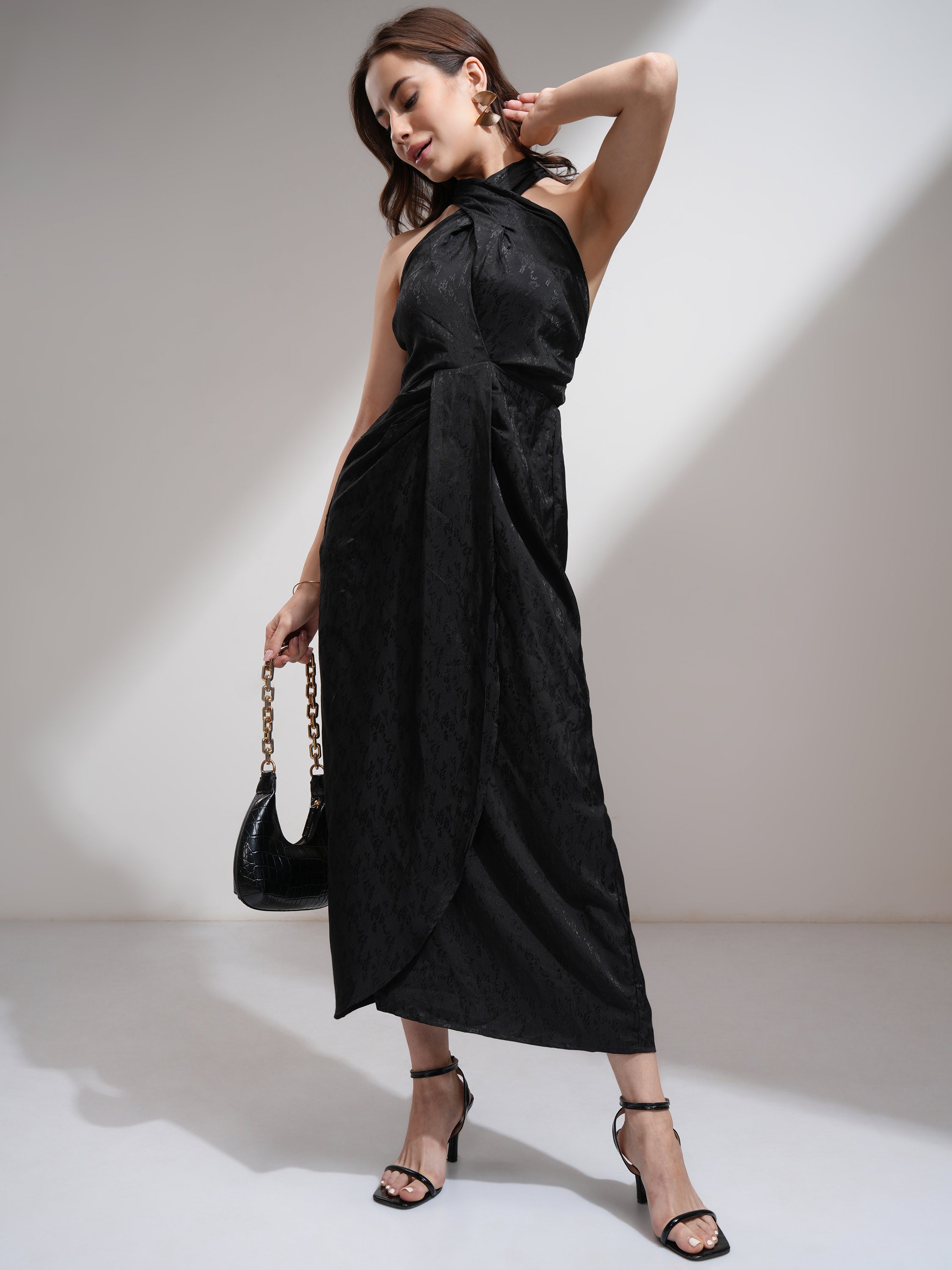 Tokyo Talkies Women Black Self Design Wrap Dress - Black - Image 1