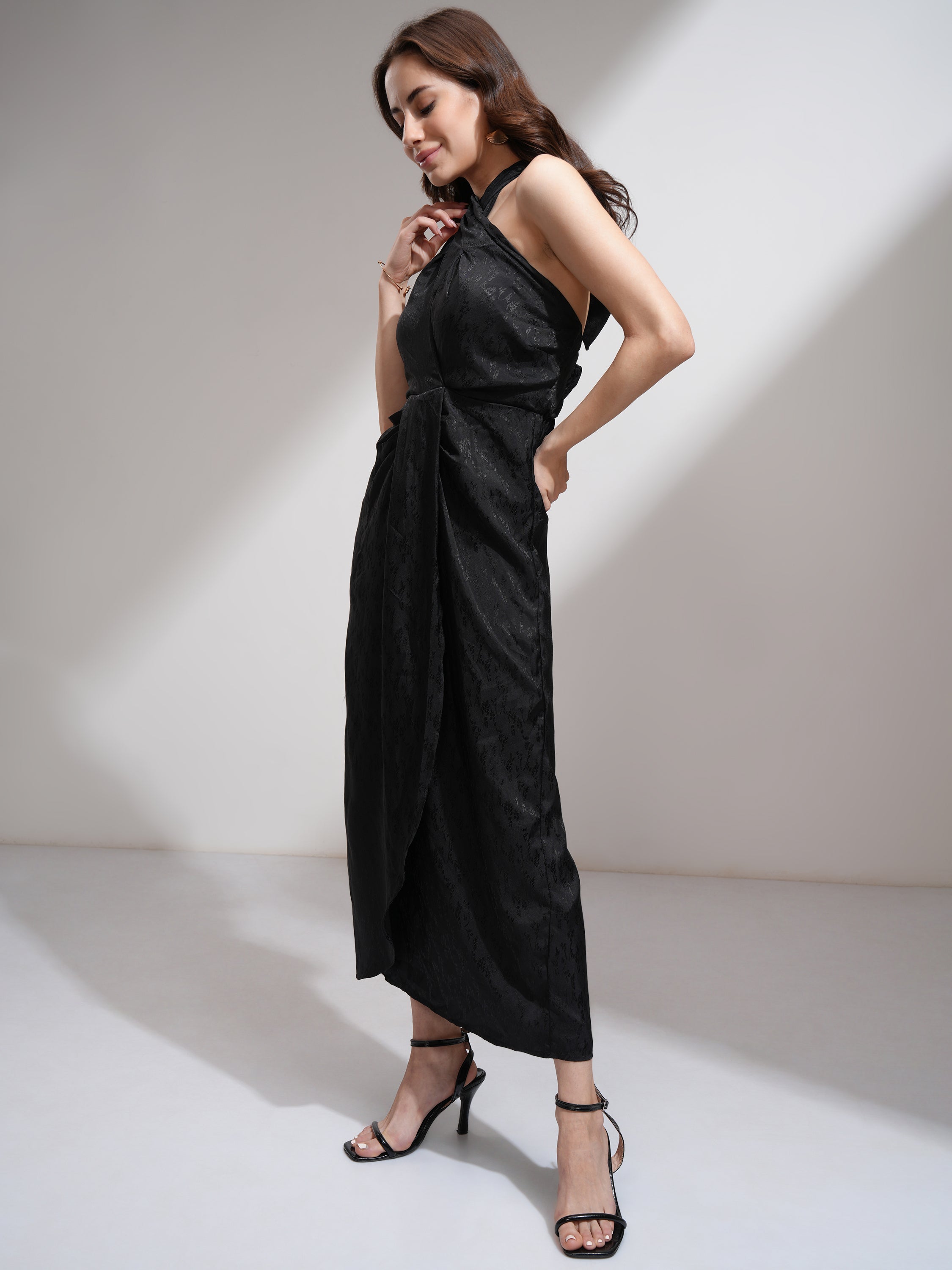 Tokyo Talkies Women Black Self Design Wrap Dress - Black - Image 2