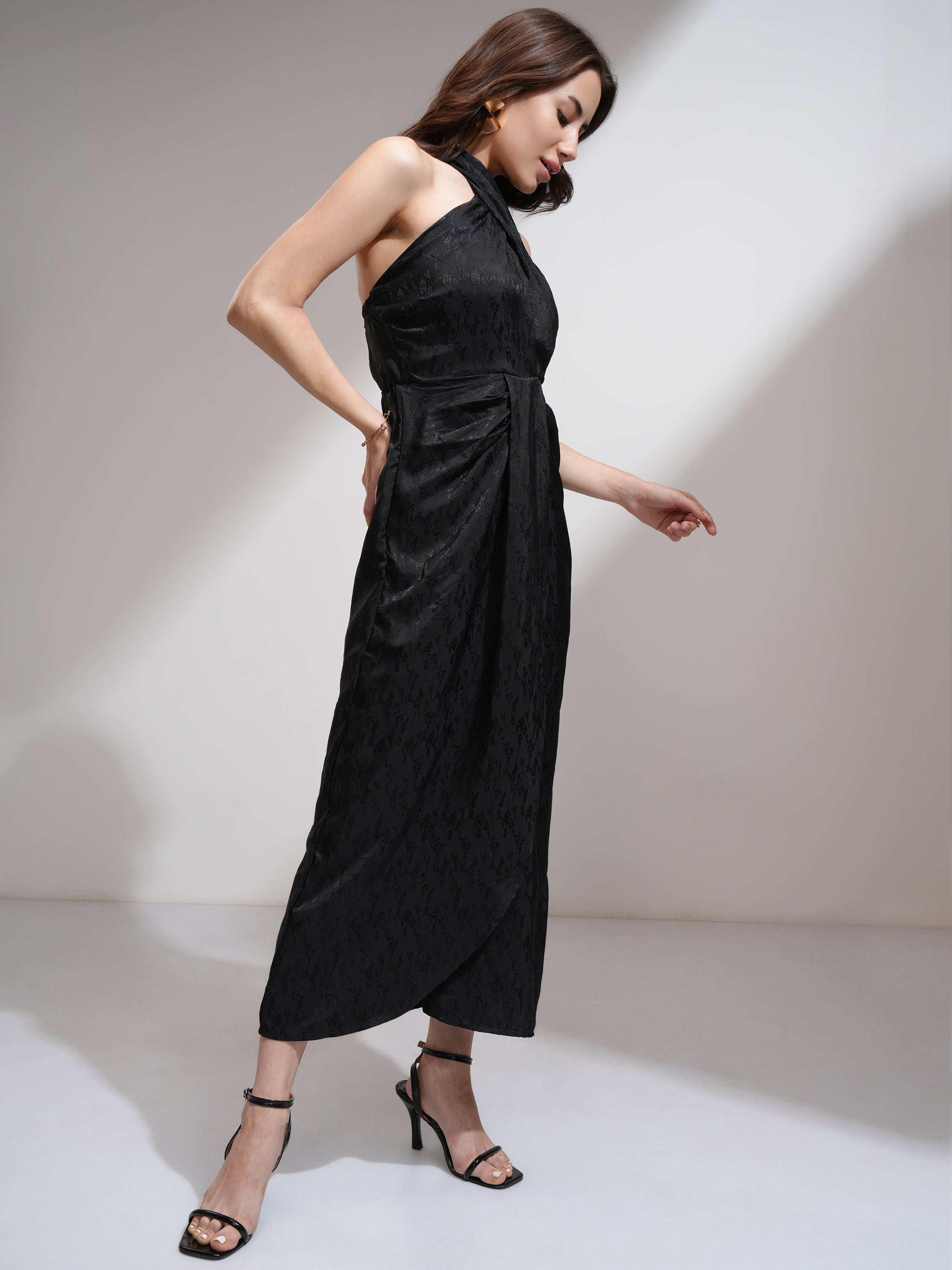 Tokyo Talkies Women Black Self Design Wrap Dress - Black - Image 4