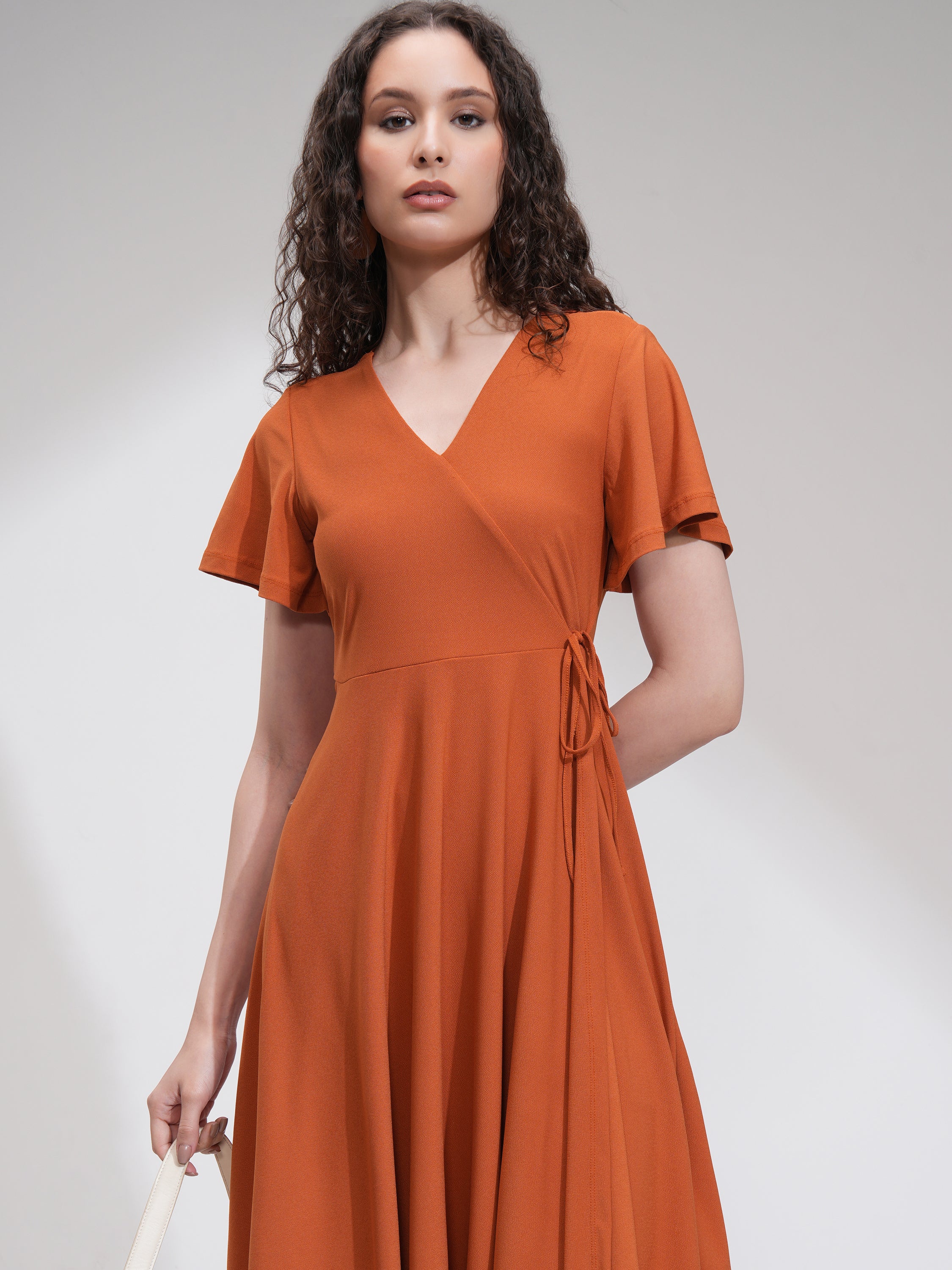 Tokyo Talkies Women Rust Solid Wrap Dress - Rust - Image 1