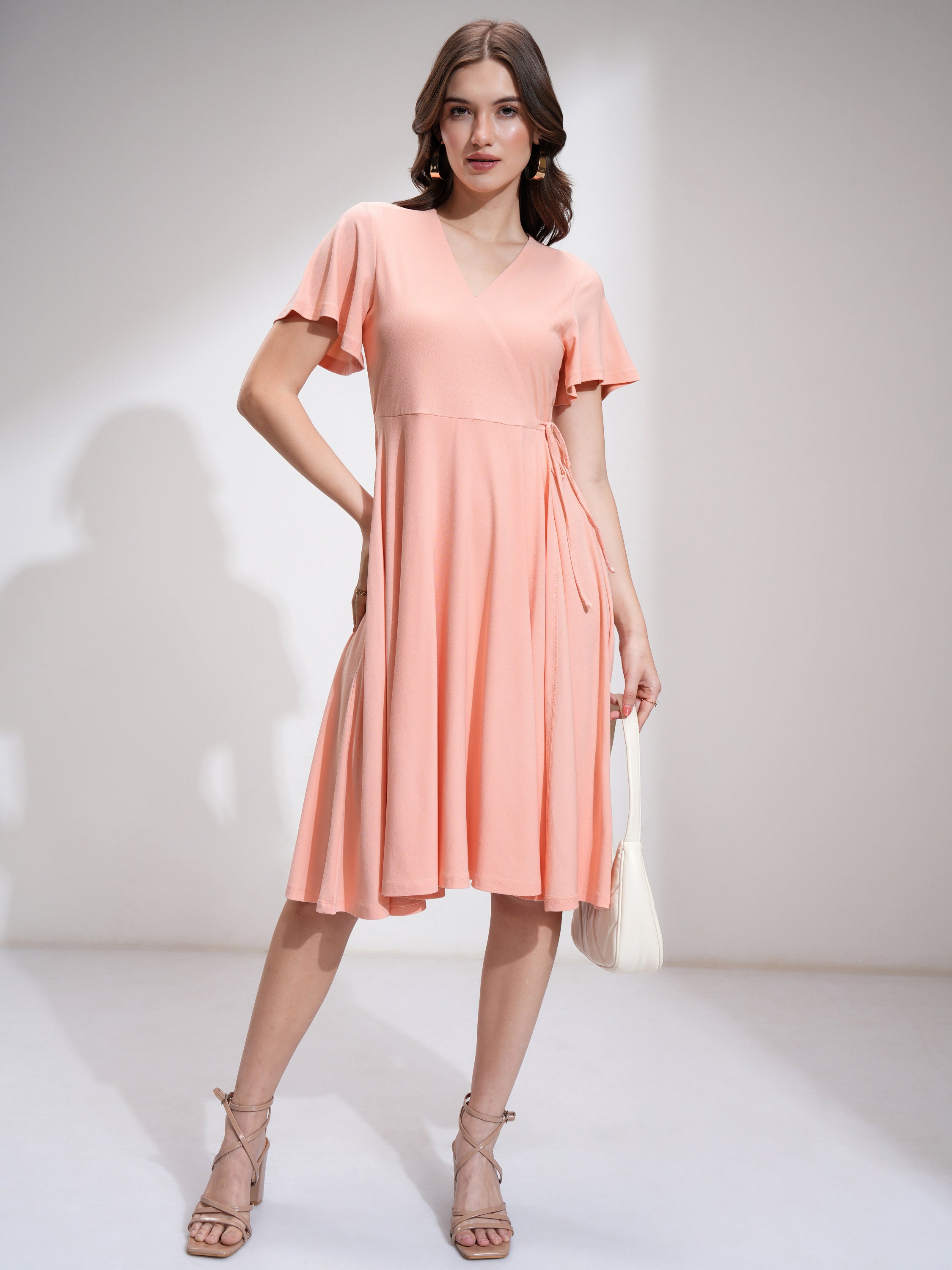 Tokyo Talkies Women Peach Solid Fit And Flare Dress - Peach - Image 2