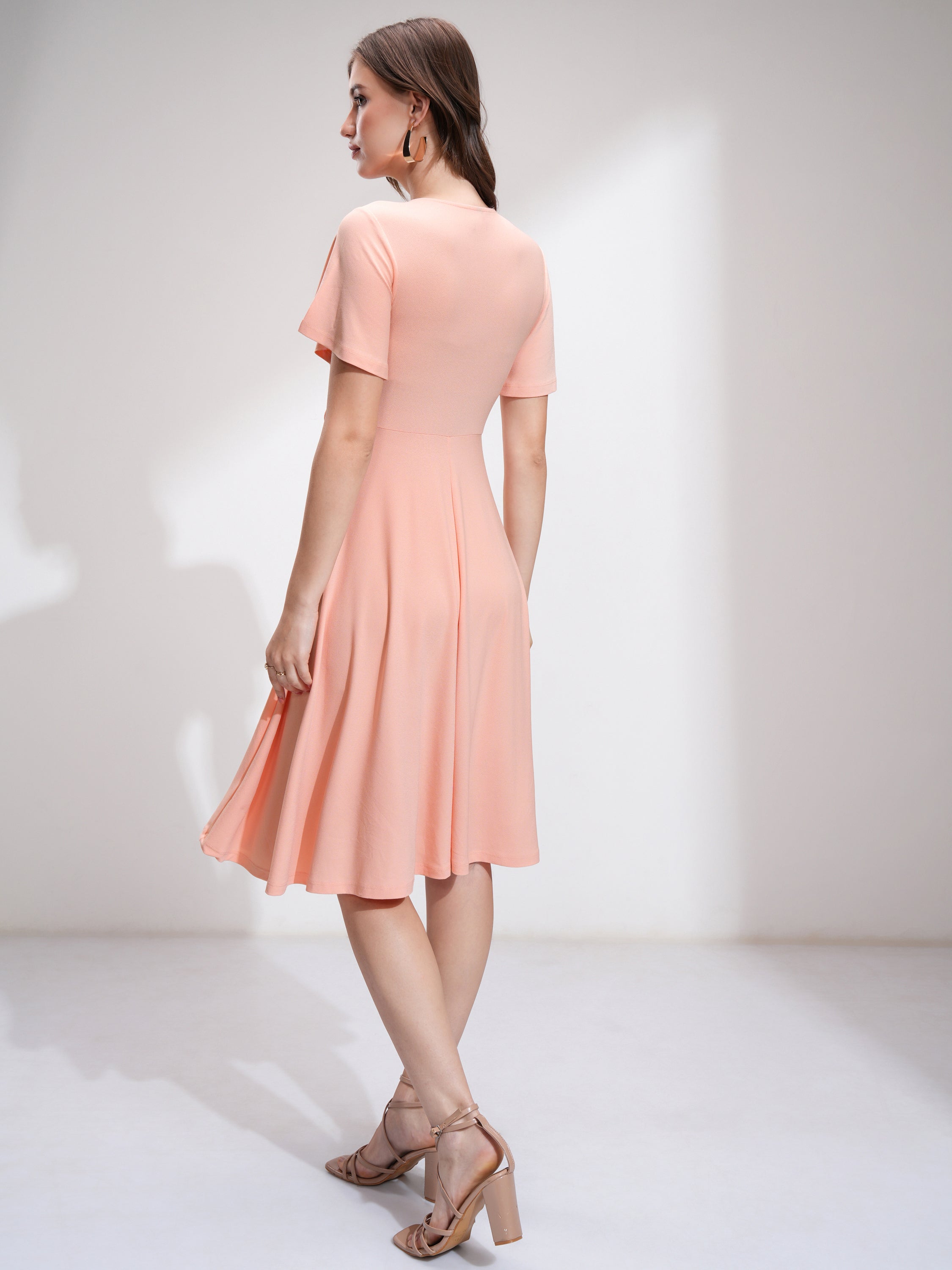 Tokyo Talkies Women Peach Solid Fit And Flare Dress - Peach - Image 3