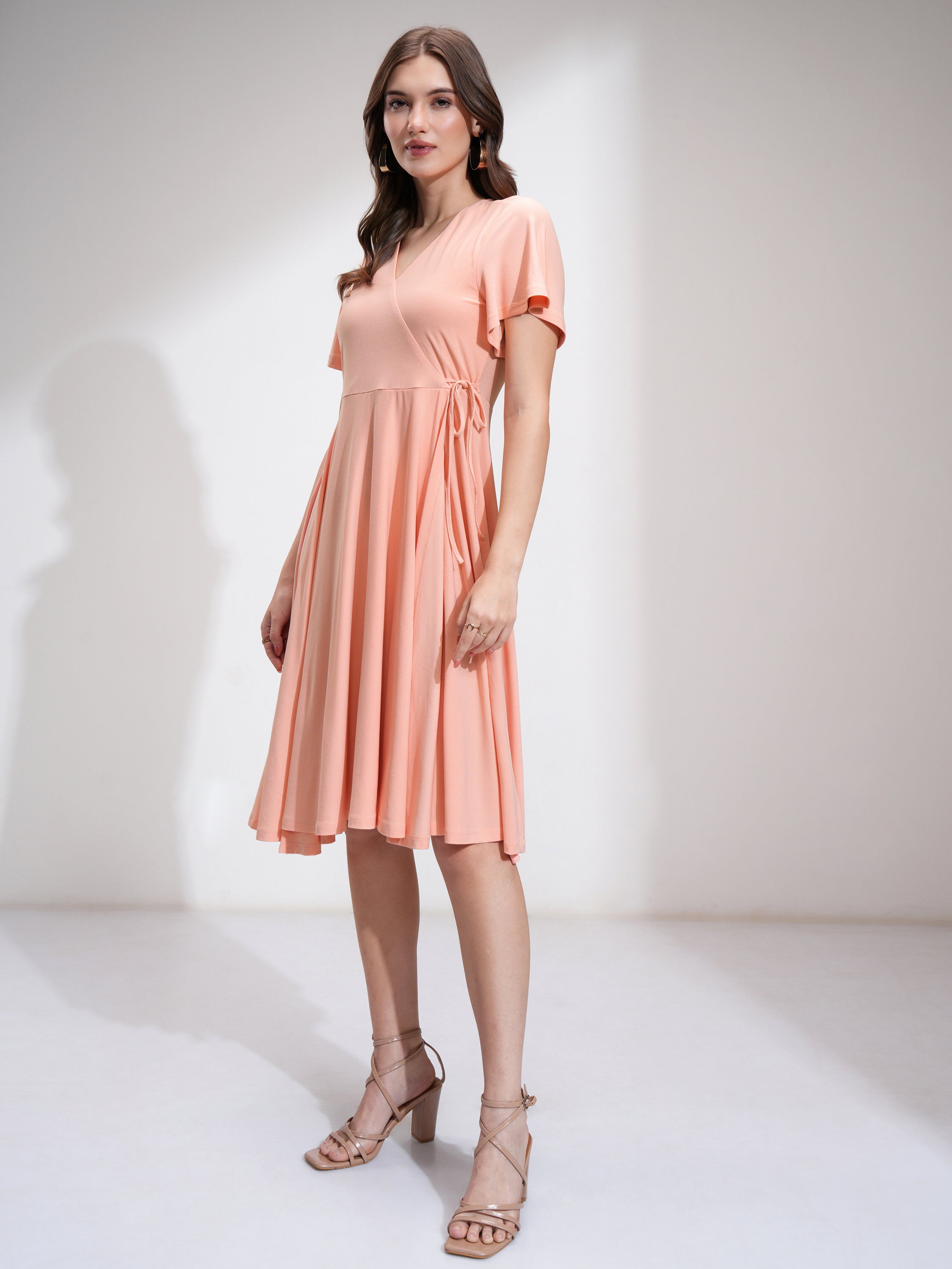 Tokyo Talkies Women Peach Solid Fit And Flare Dress - Peach - Image 4