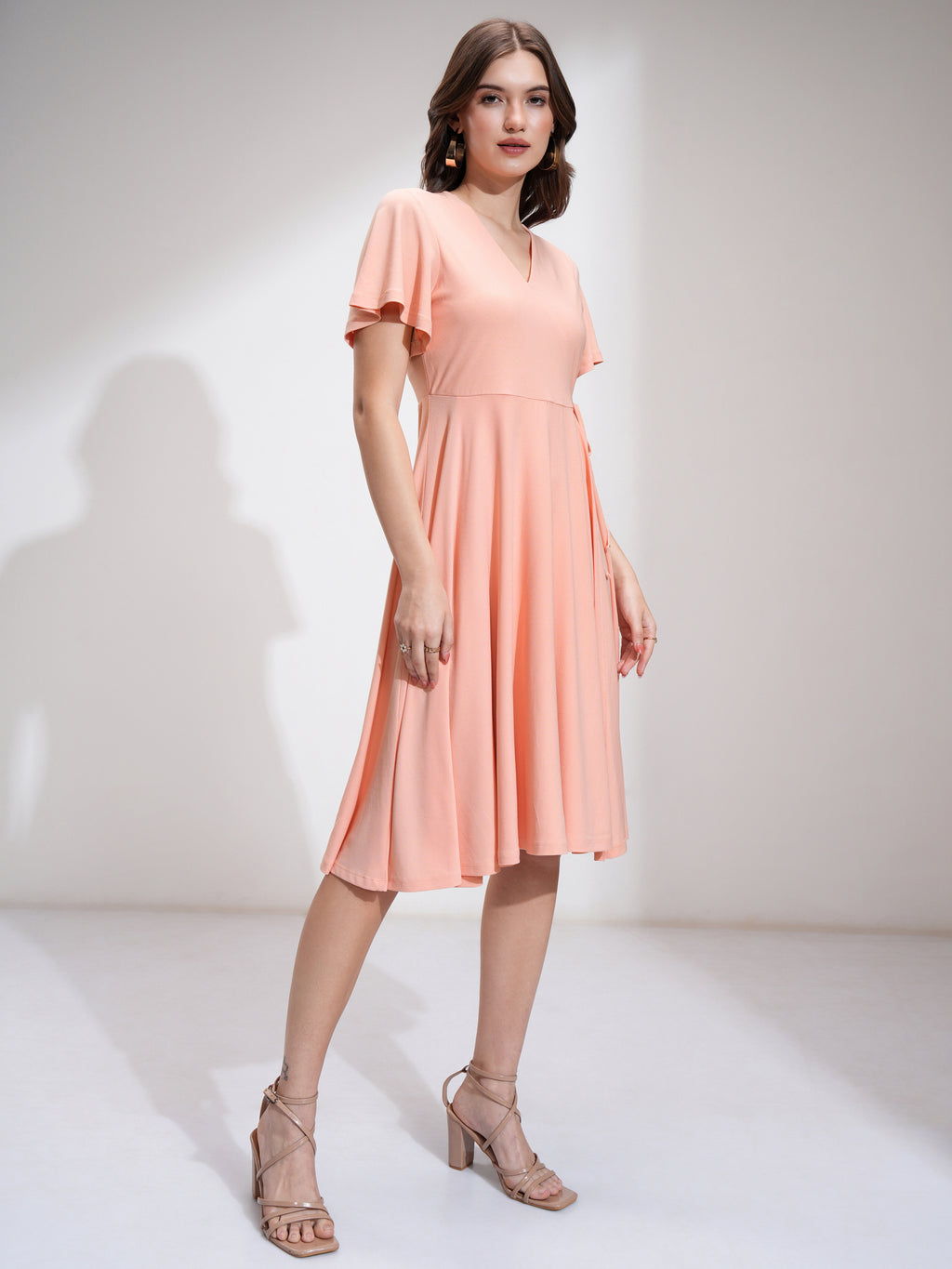 Tokyo Talkies Women Peach Solid Fit And Flare Dress - Peach - Image 6