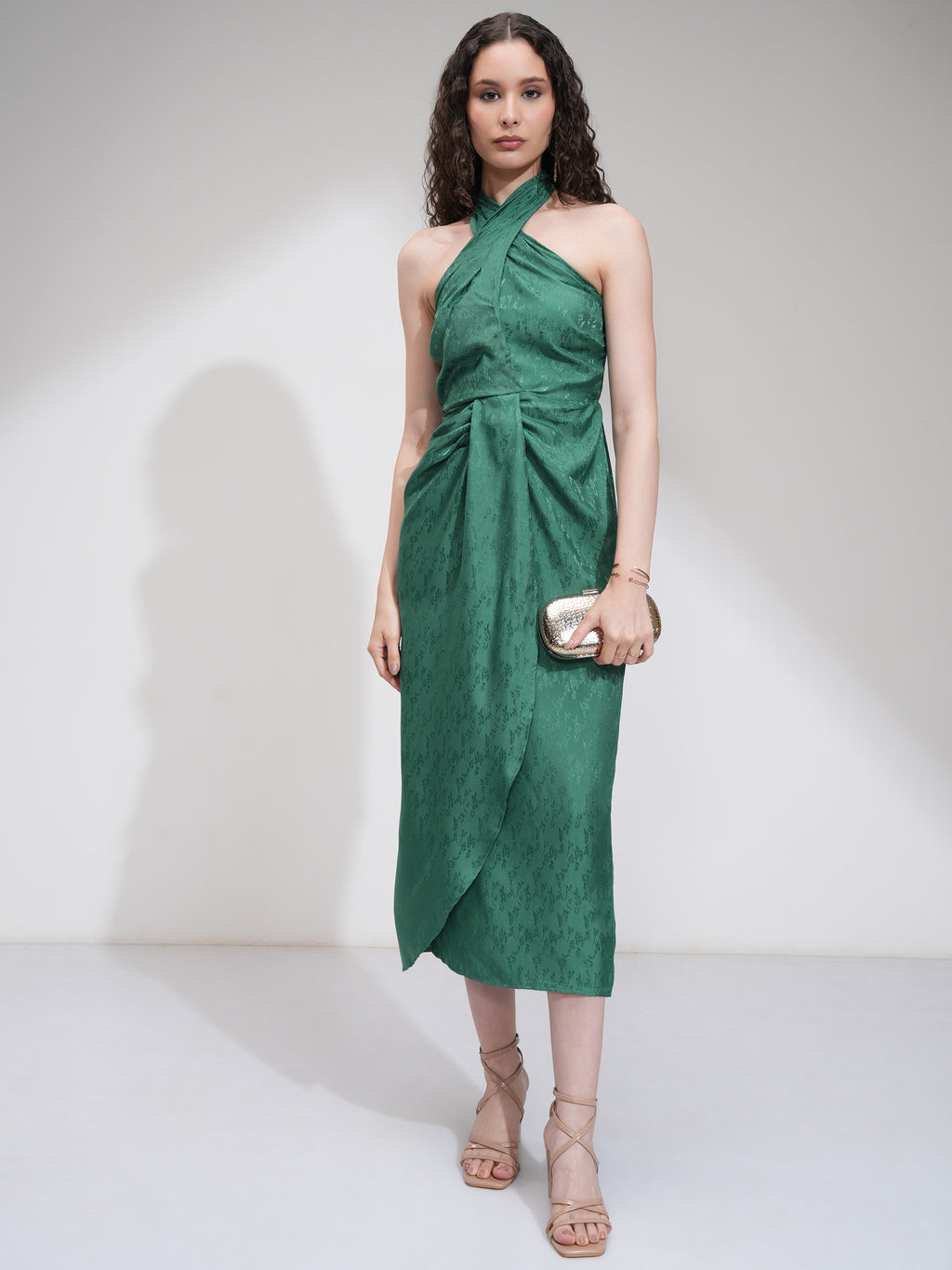 Tokyo Talkies Women Green Self Design Wrap Dress - Green - Image 2