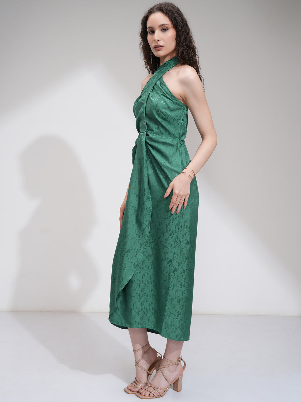 Tokyo Talkies Women Green Self Design Wrap Dress - Green - Image 4