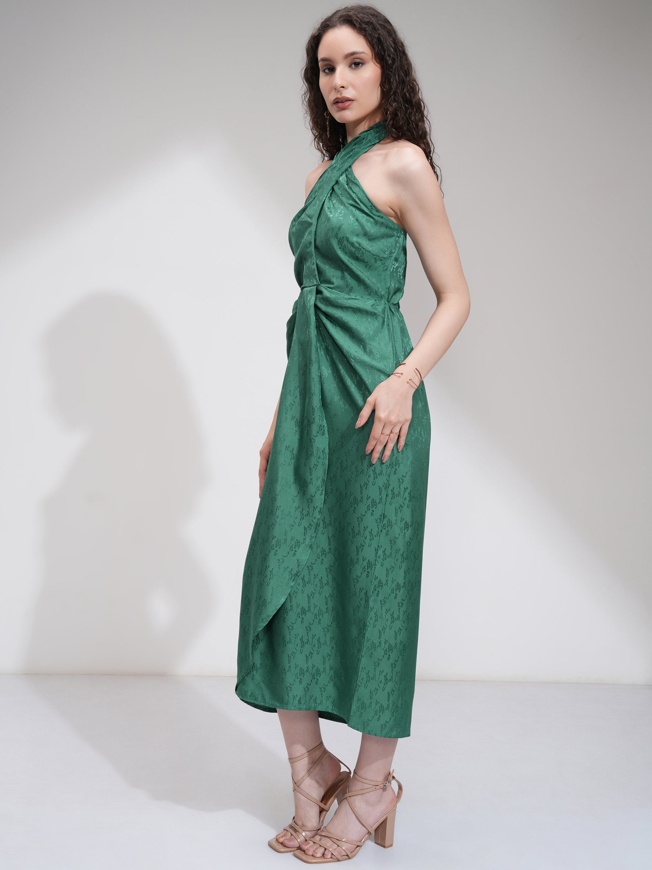 Tokyo Talkies Women Green Self Design Wrap Dress - Green - Image 4