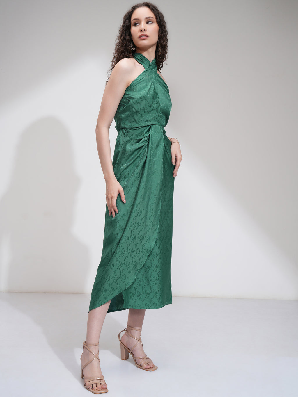 Tokyo Talkies Women Green Self Design Wrap Dress - Green - Image 6