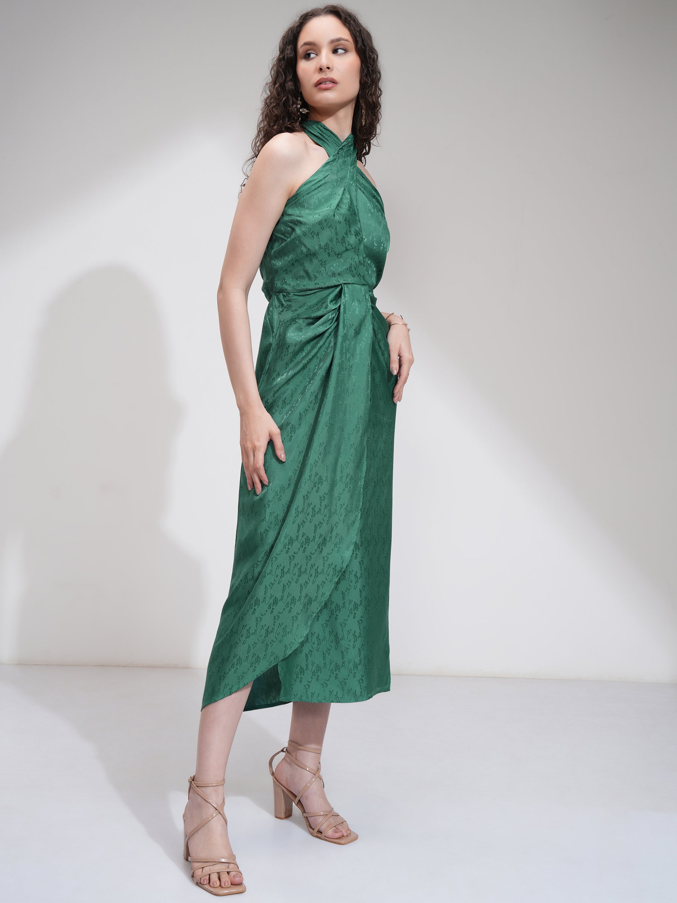 Tokyo Talkies Women Green Self Design Wrap Dress - Green - Image 6