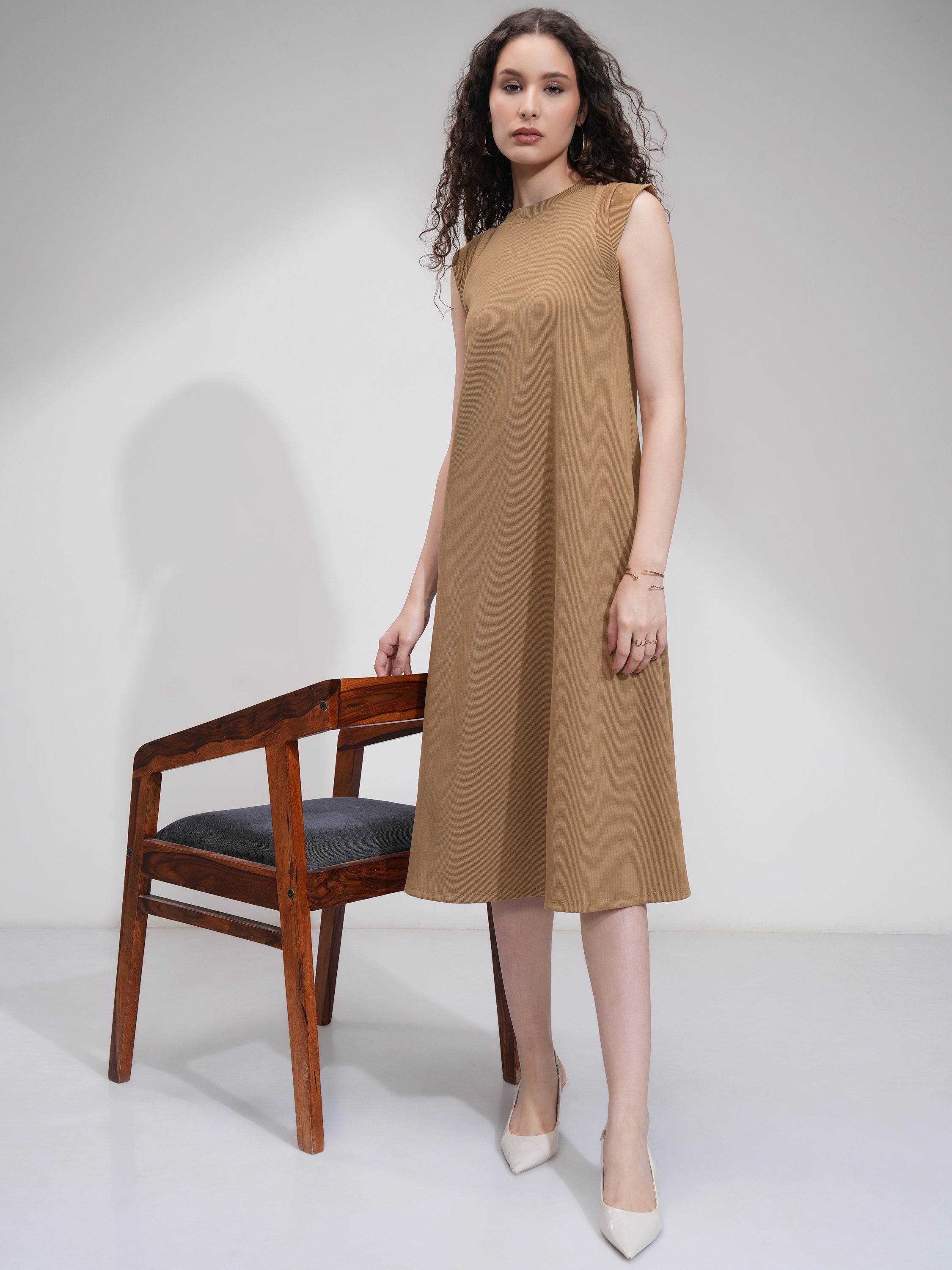 Tokyo Talkies Women Beige Solid Fit And Flare Dress - Beige - Image 2