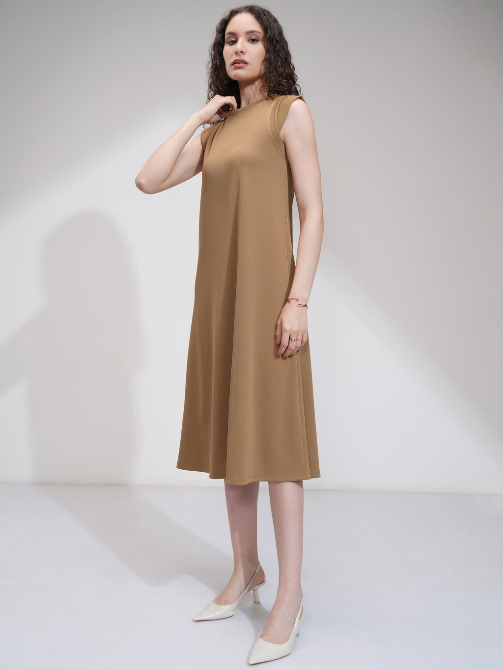 Tokyo Talkies Women Beige Solid Fit And Flare Dress - Beige - Image 4