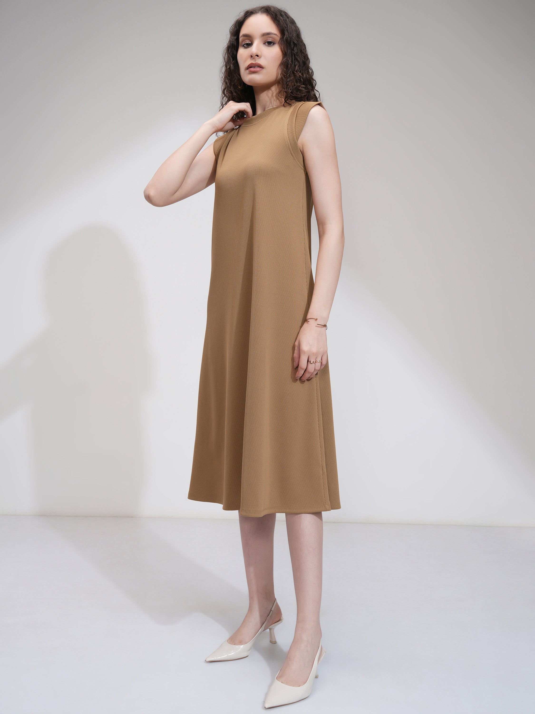 Tokyo Talkies Women Beige Solid Fit And Flare Dress - Beige - Image 4