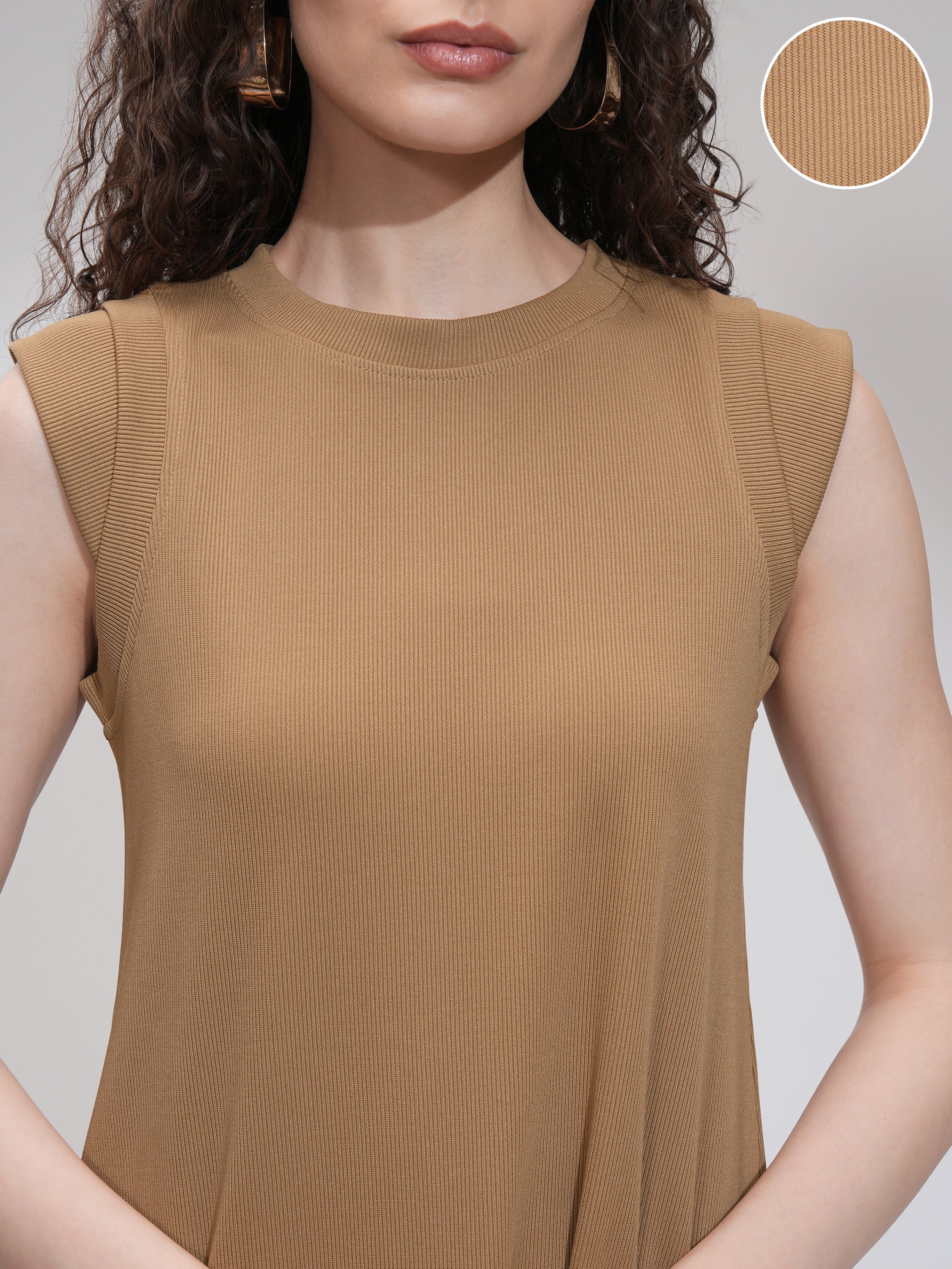 Tokyo Talkies Women Beige Solid Fit And Flare Dress - Beige - Image 5