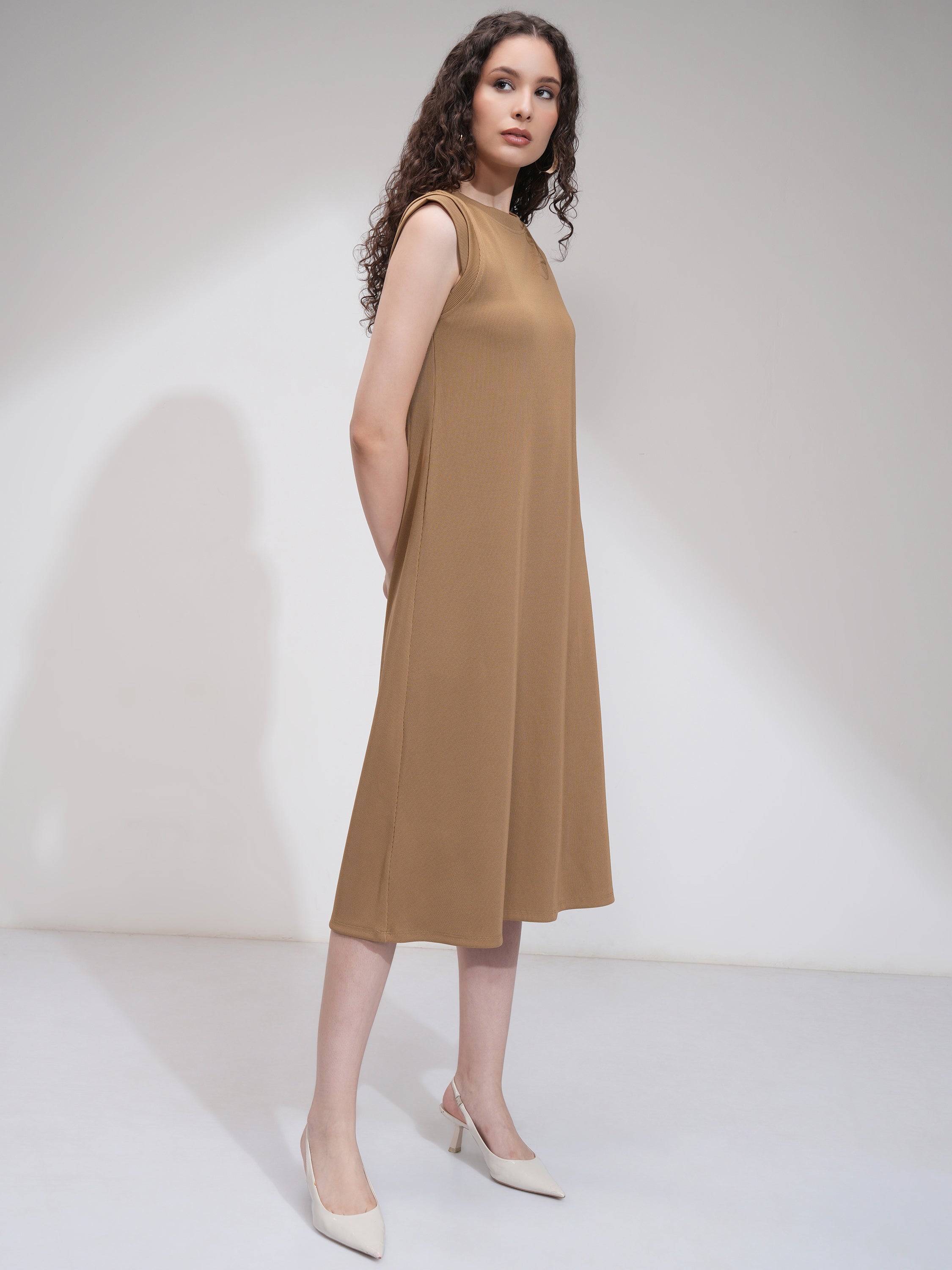 Tokyo Talkies Women Beige Solid Fit And Flare Dress - Beige - Image 6