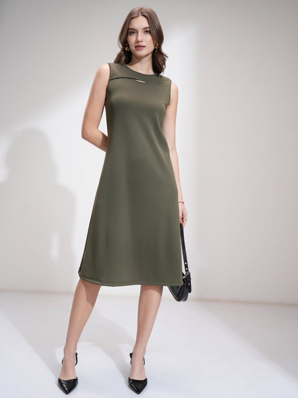 Tokyo Talkies Women Olive Solid Fit And Flare Dress - Olive - Image 1