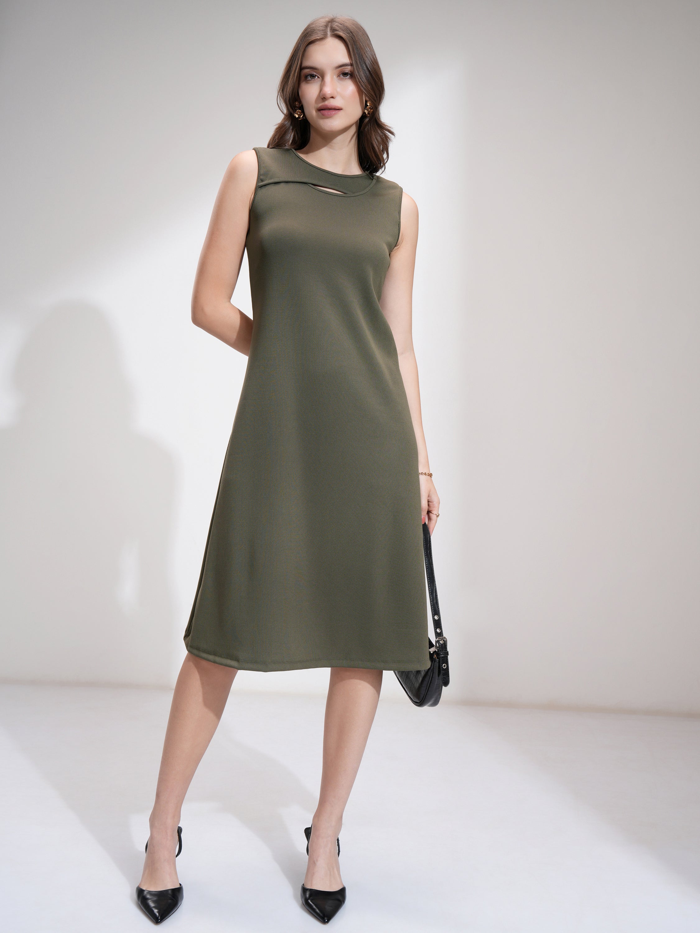 Tokyo Talkies Women Olive Solid Fit And Flare Dress - Olive - Image 1