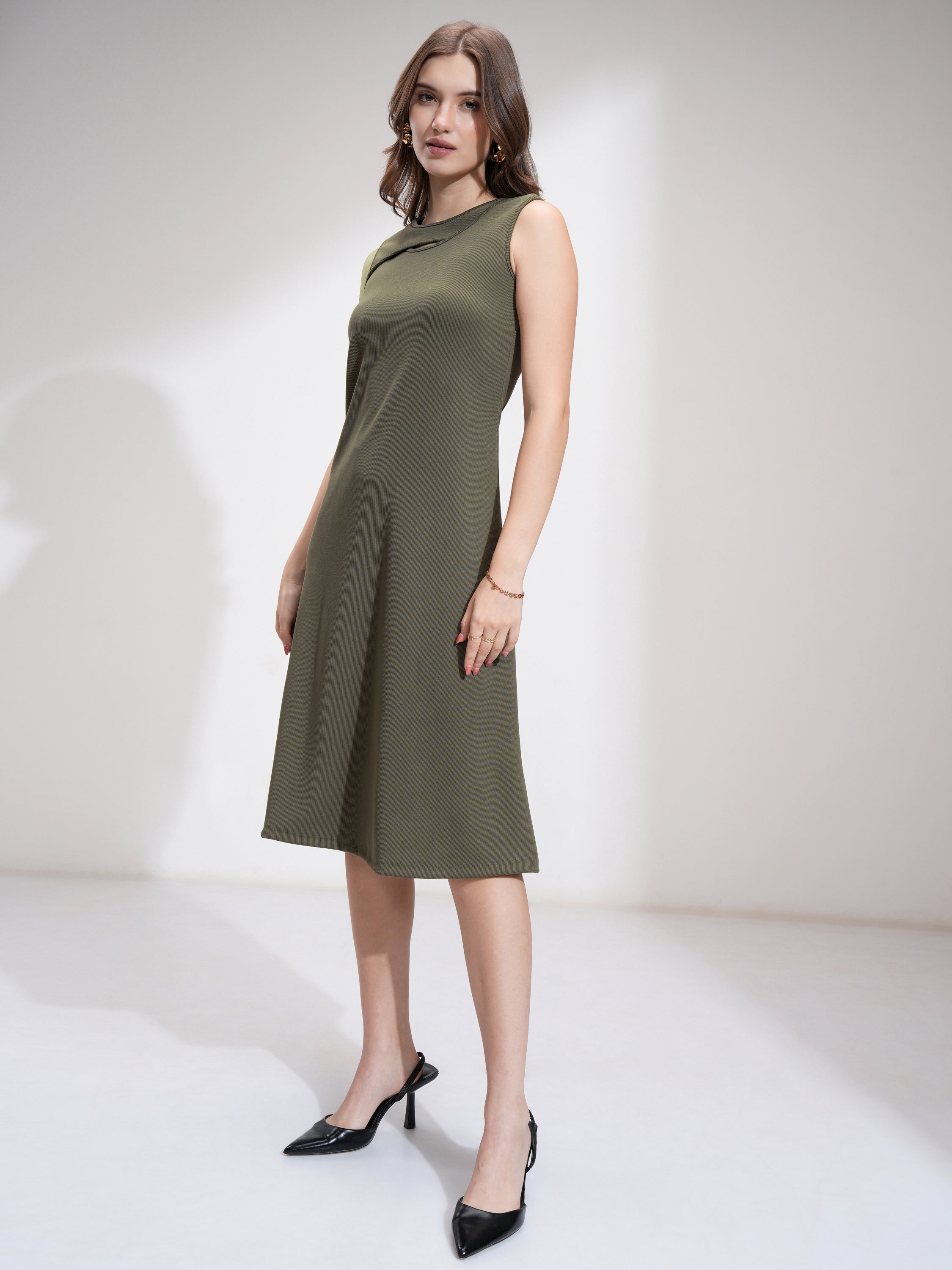 Tokyo Talkies Women Olive Solid Fit And Flare Dress - Olive - Image 2