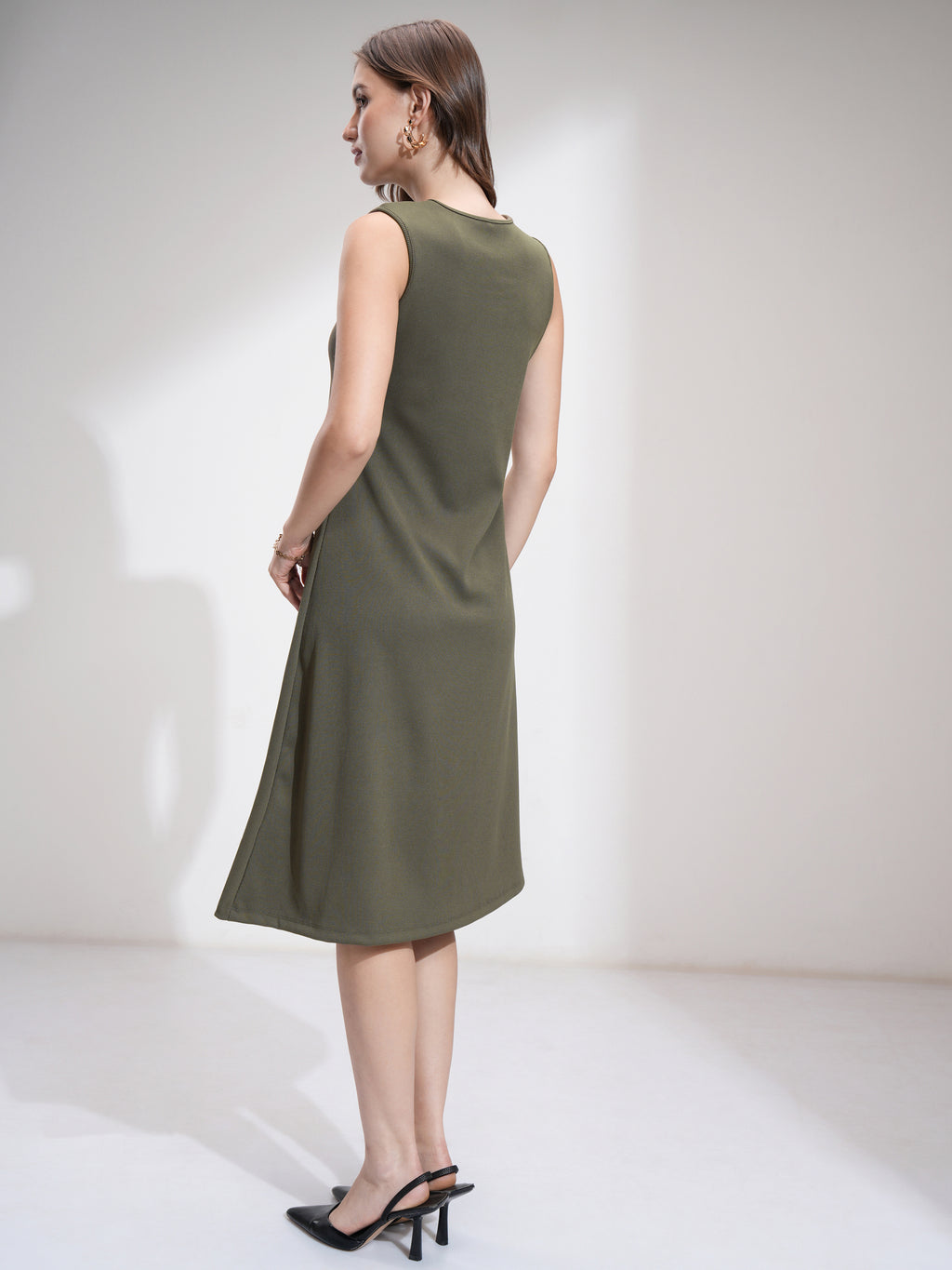 Tokyo Talkies Women Olive Solid Fit And Flare Dress - Olive - Image 3