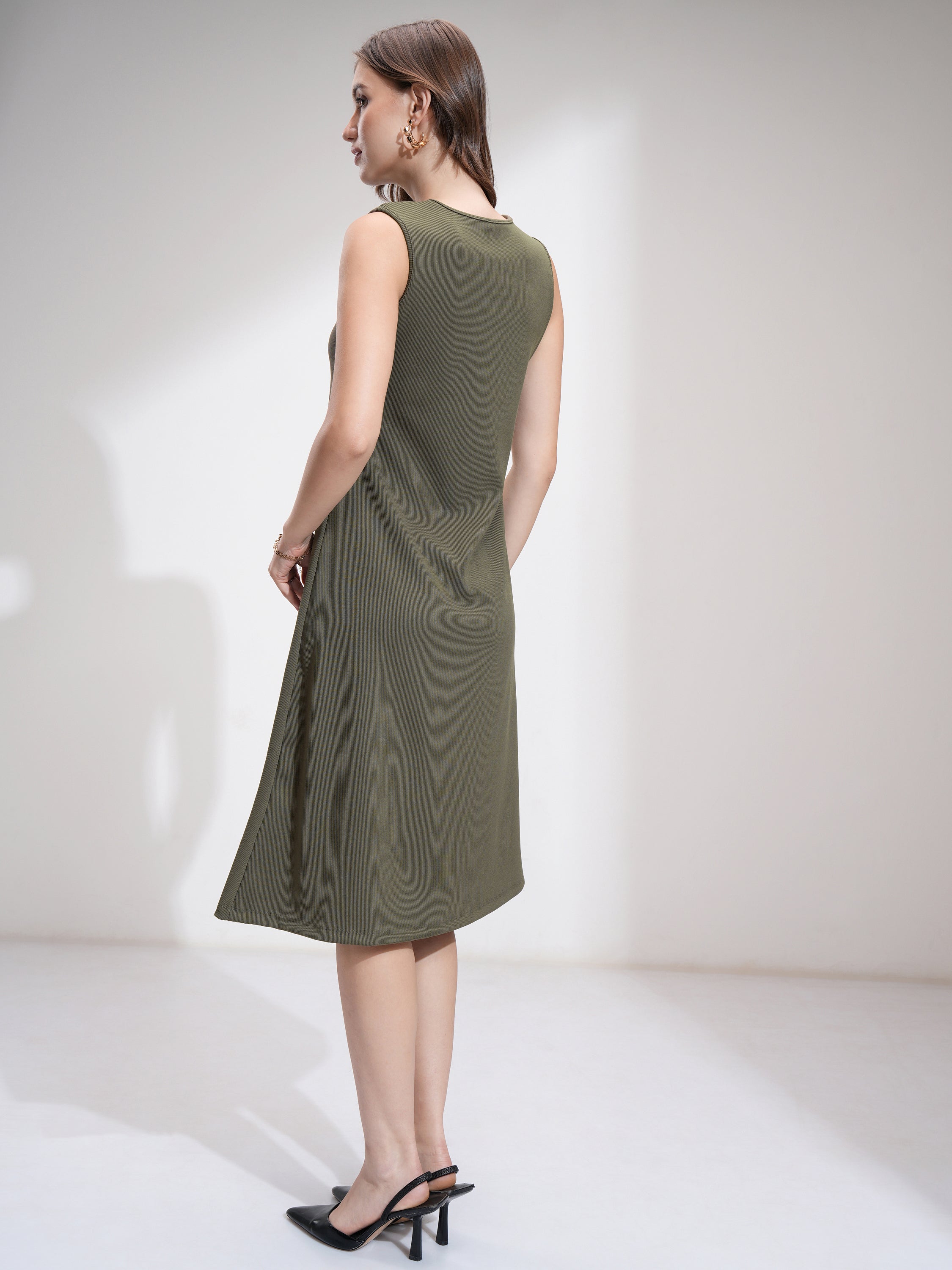 Tokyo Talkies Women Olive Solid Fit And Flare Dress - Olive - Image 3