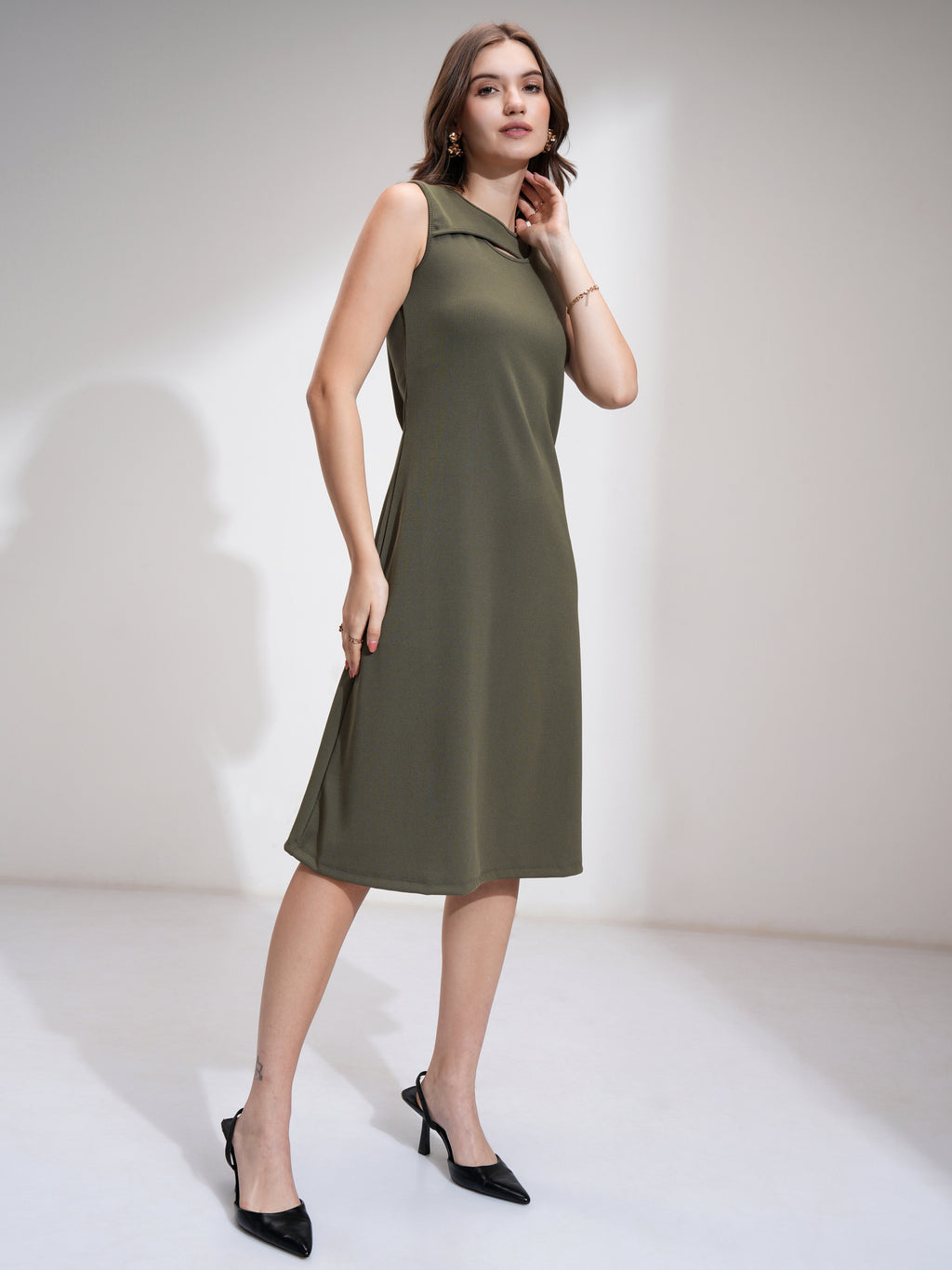 Tokyo Talkies Women Olive Solid Fit And Flare Dress - Olive - Image 4