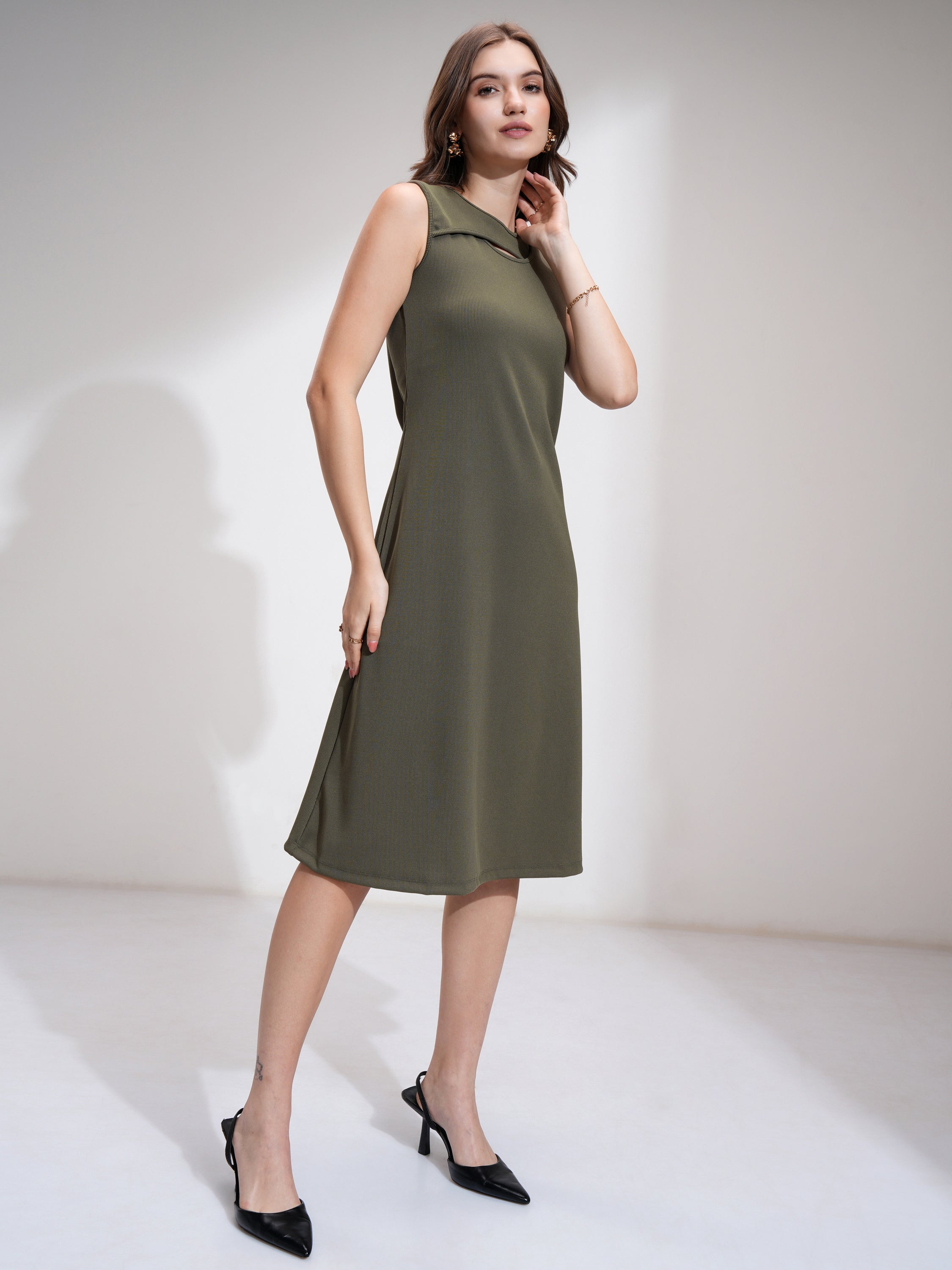 Tokyo Talkies Women Olive Solid Fit And Flare Dress - Olive - Image 4